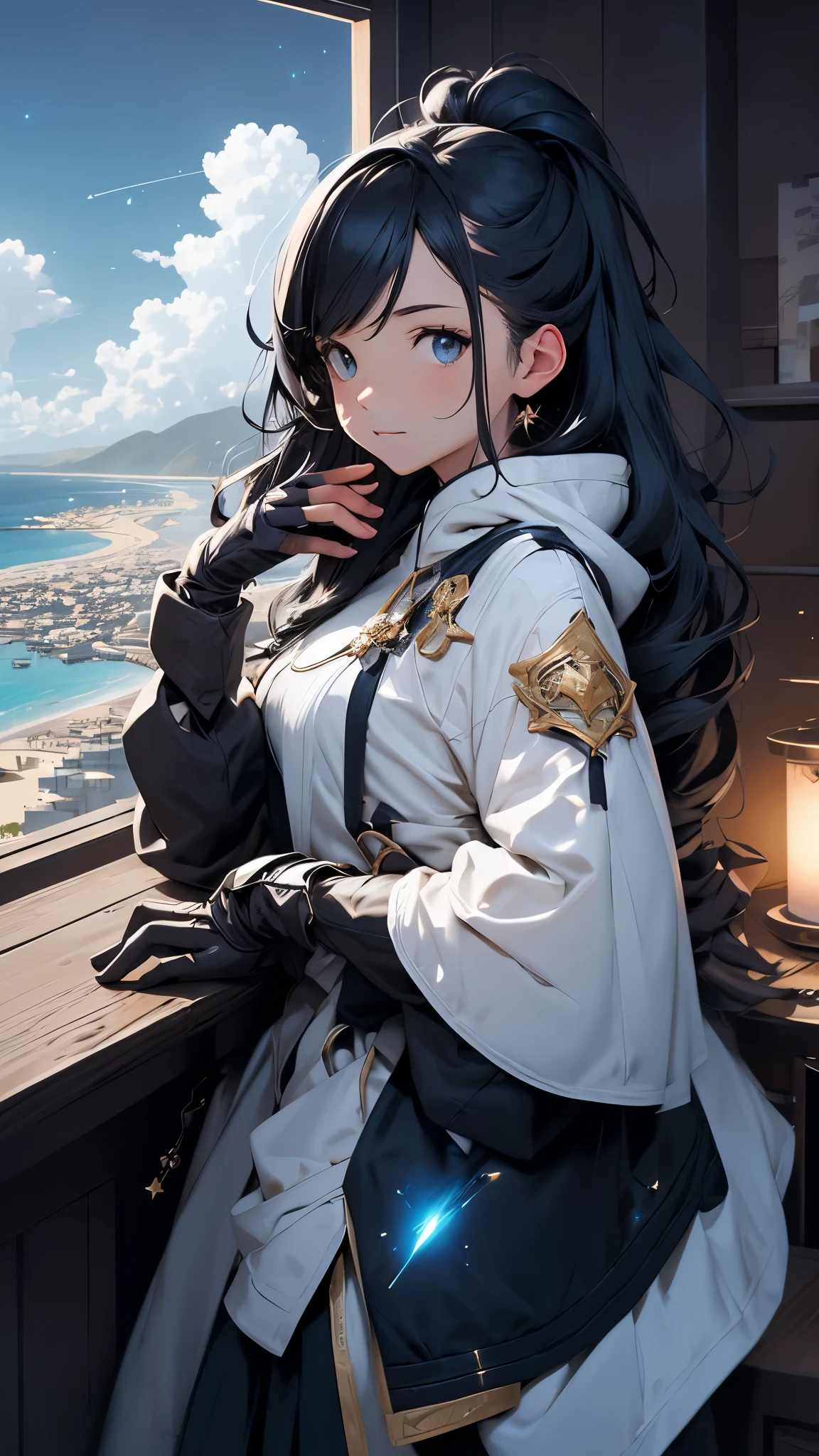 octans,Skysky,As estrelas(Skysky),scenecy,starrysky,the night,beach,1girl,nigh sky,独奏,exterioruliding,clouds,galactic,sitted,The tree,Long hair,城市,siluette,view over city
