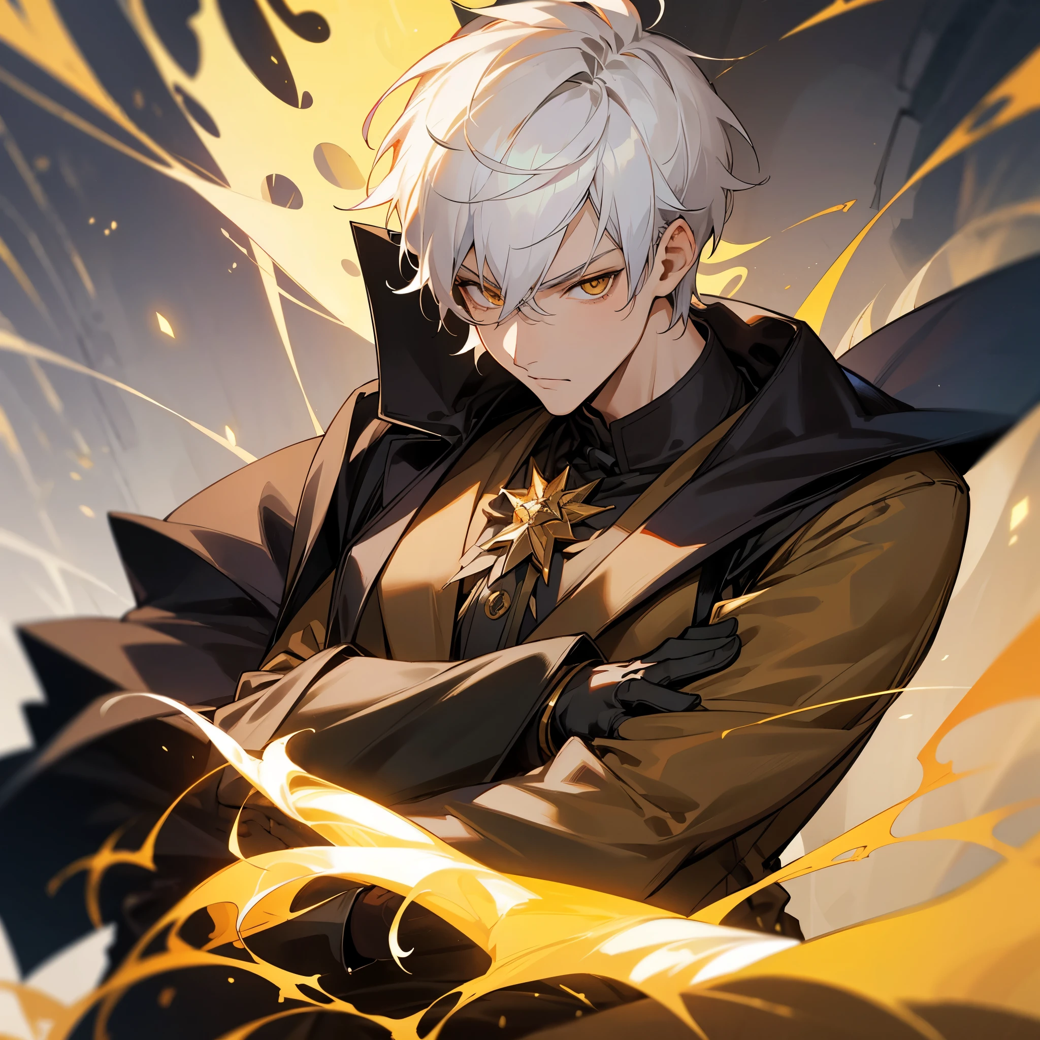 Anime male, teenager, handsome, fair-skinned, resolute eyes, white hair, short hair, deep golden eyes, powerful, black suit with black gloves, golden clothes, royal style, flame, crossed arms