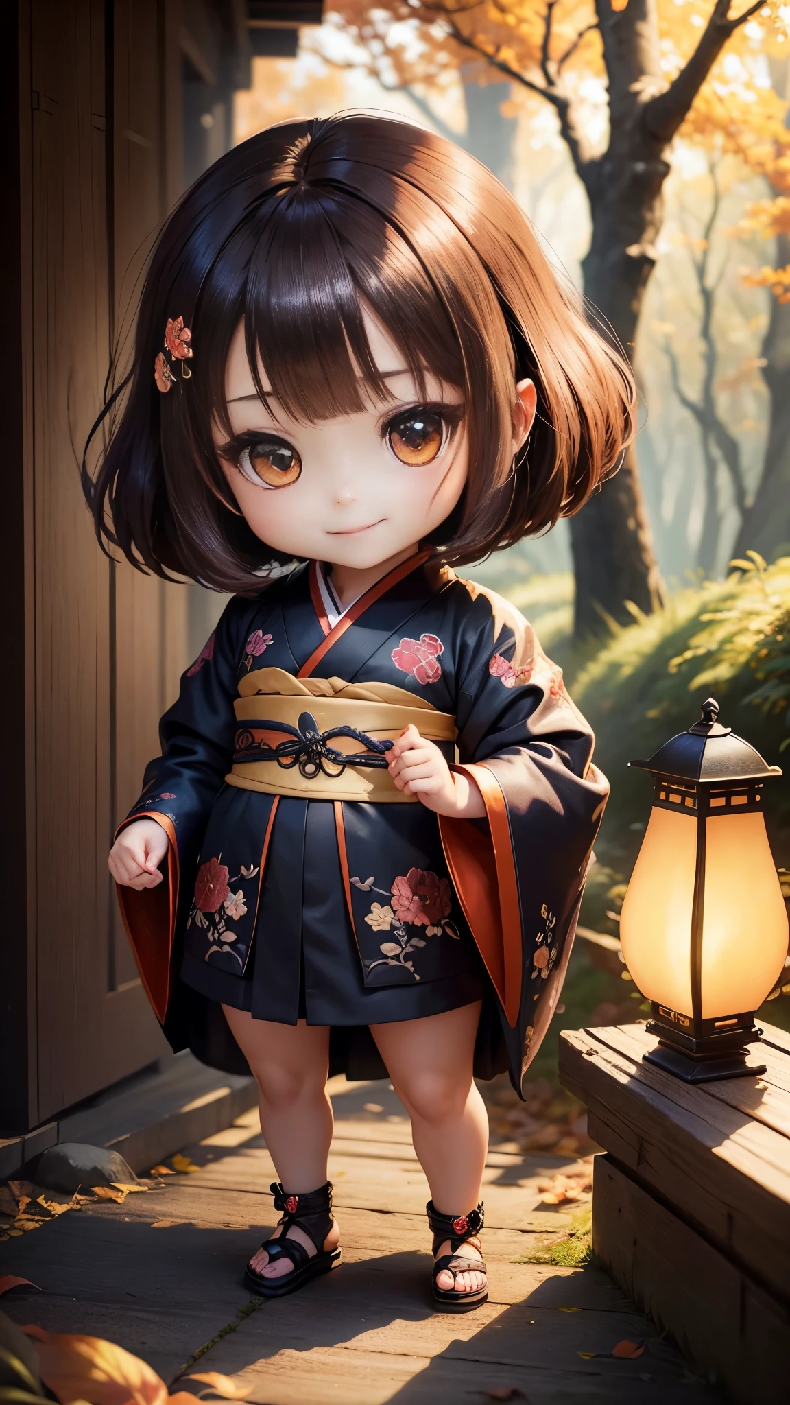 masterpiece、highest quality、super detailed、(Chibi character girl:1.2)、official art、Kimono with luxurious embroidery、wraith、Brown Bob、Fairytale autumn forest、Lightning flash shell body standing figure、smile