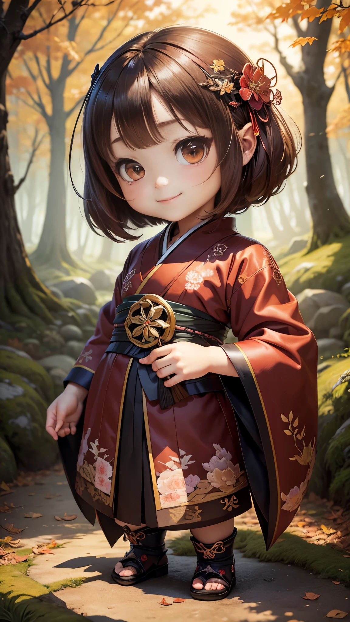 masterpiece、highest quality、super detailed、(Chibi character girl:1.2)、official art、Kimono with luxurious embroidery、wraith、Brown Bob、Fairytale autumn forest、Lightning flash shell body standing figure、smile