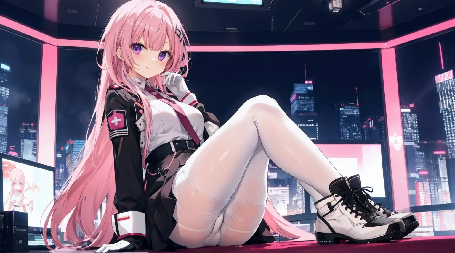 a girl,solo,170cm height,long pink hair,gentle,Smile,Medium-hair long,dishiveredhair,White military uniform,black skirt,White underwear,black shoes,cyberpunk background,night, night city background,Digital punk, anime style 4k, sit in a gaming chair,indoors,in the bedroom,((White pantyhose)),black gloves,mitsukasa ayase、Character-centric