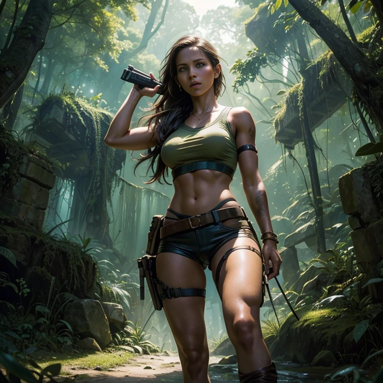 Lara Croft, Tomb Raider, Deusa da sensualidade, Corpo perfeito, Seios empinados e perfeitos, Beleza angelical, Corpo com curvas, pose , Corpo inteiro, Scenery and an Enchanted Forest, Hiper realista, Cores Fortes e vibrantes, shooting her guns, close shot from below