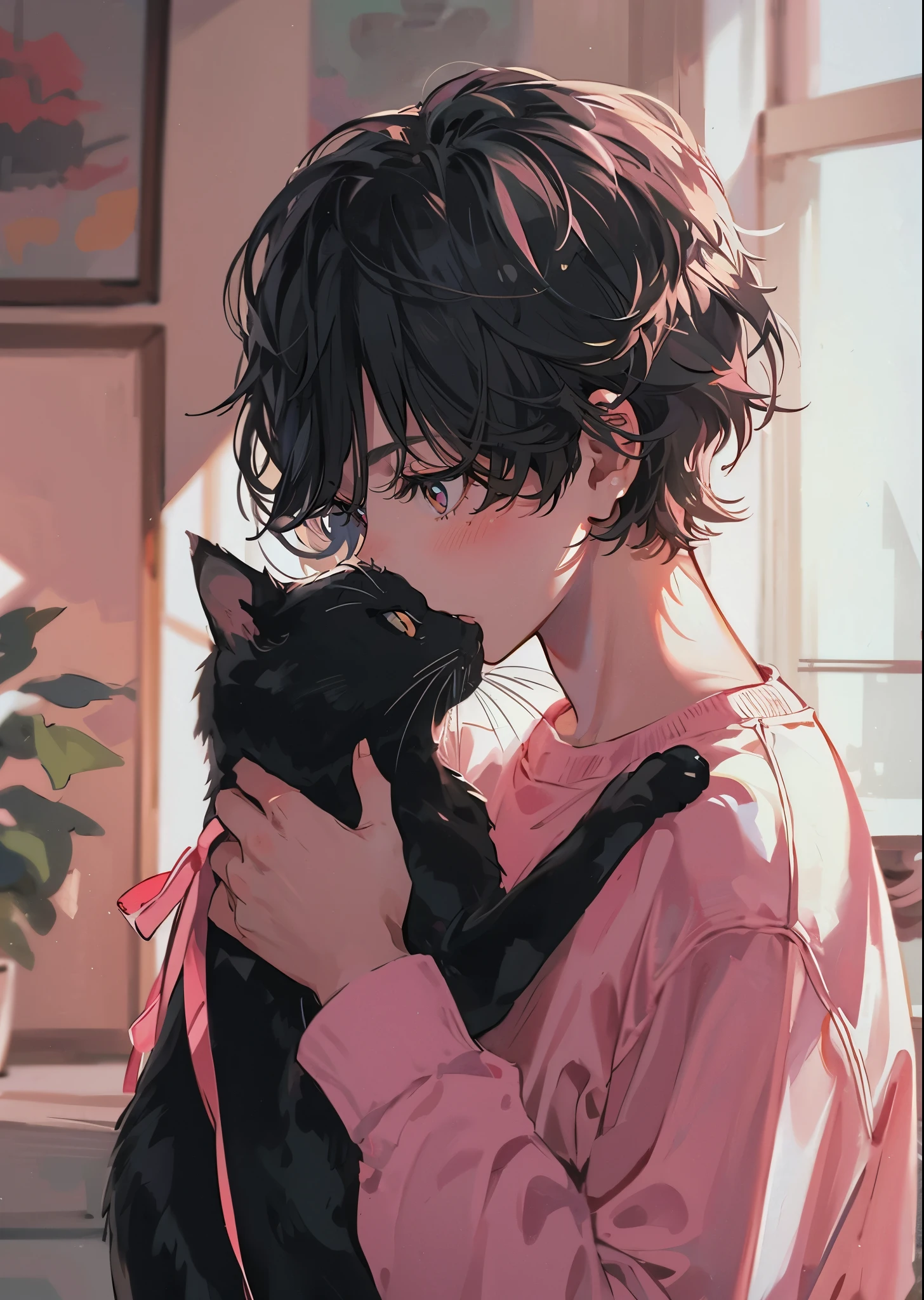 Beautiful young man, black hair, short hair, pink sweater, black cat with pink ribbon, just before kissing, cute and stylish room,high quality, amount of drawing, pixiv illustration, Japanese anime, Clear line drawing, transparent watercolor, clear shading