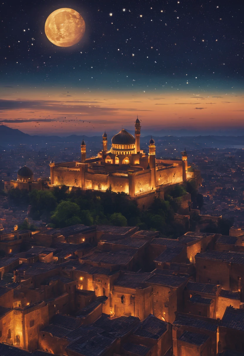 Alladdin's Palace at night starry sky books flying
