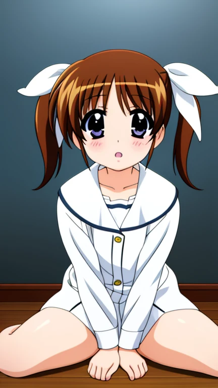 takamachi nanoha, 1 girl, lure,twin tails, white ribbon,look up, Naked,nude,Completely naked,spread legs,R-18