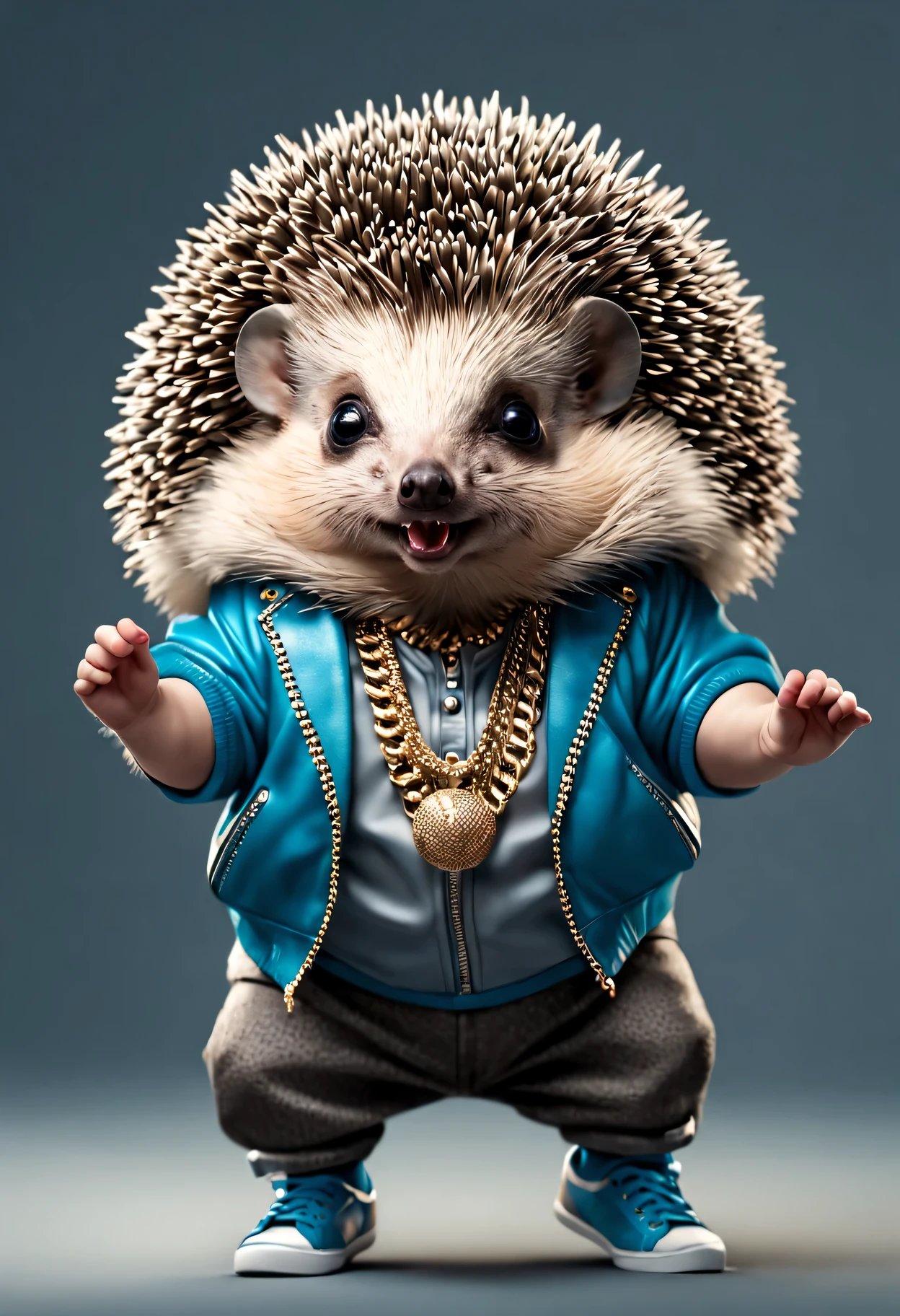 photorealistic portrait of Dressed animals - a fat baby hedgehog hip hop dancer,(hip hop dancing dynamic action pose), high quality,(lovely) ,intricate details, highly detailed ((hip hop fashion)) ,highly detailed decorations, wearing sunglasses, (happy), studio lighting,(full body image:1.5)
