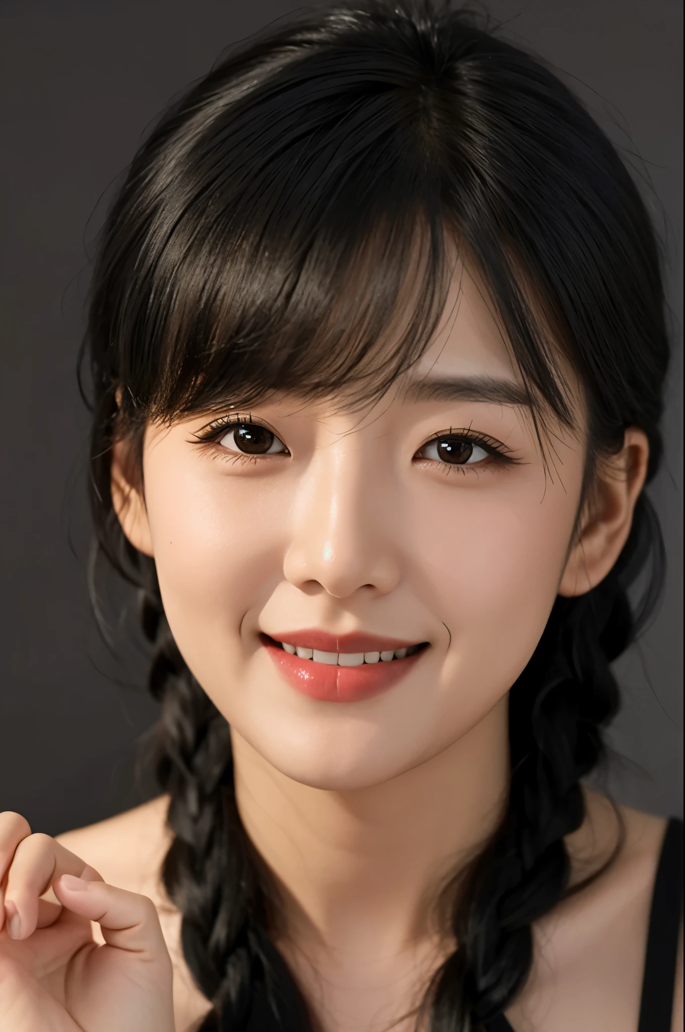 30-year-old lady, injection, black eyes, black hair, Warm background, giggle