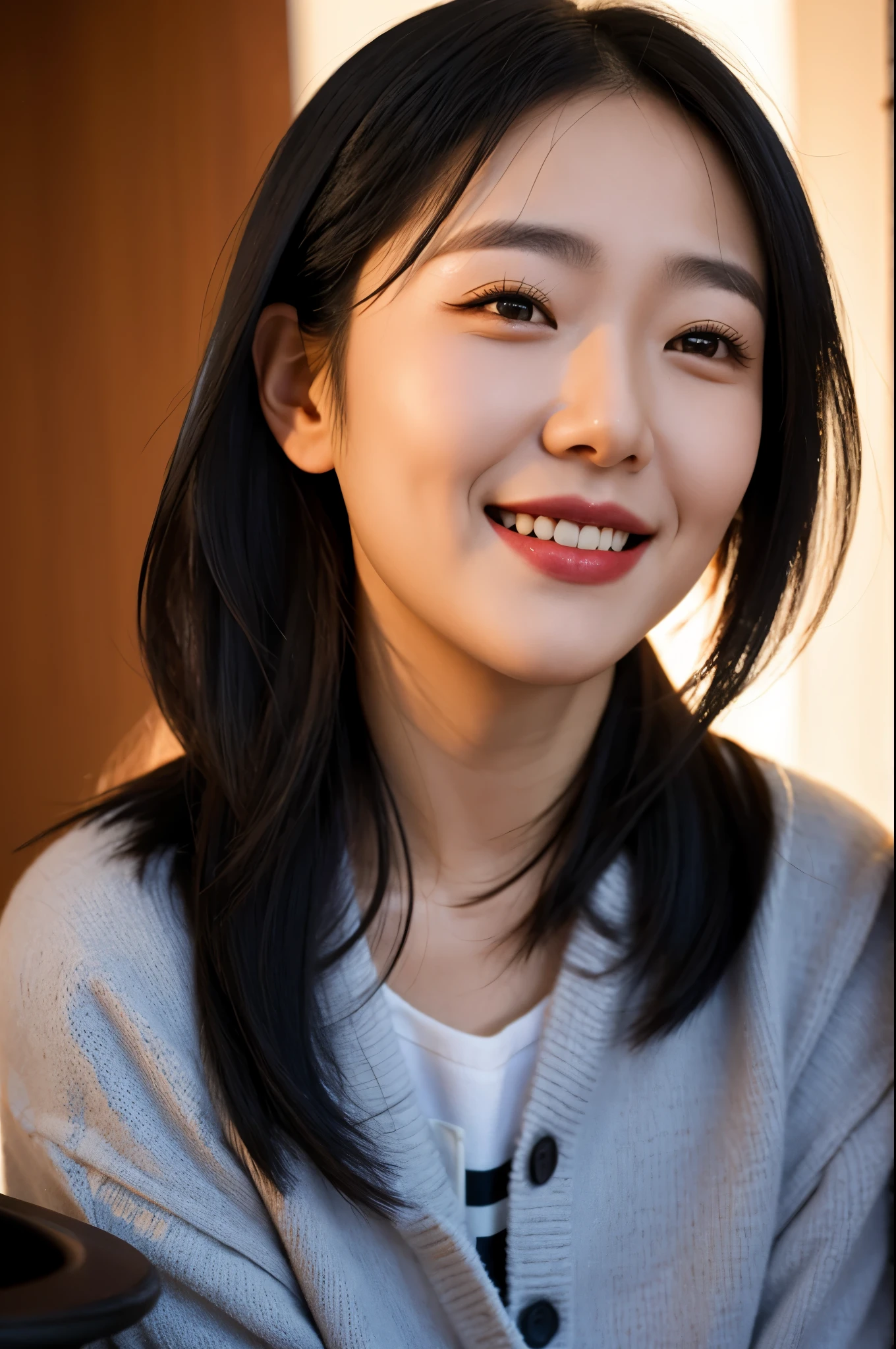 30-year-old lady, injection, black eyes, black hair, Warm background, giggle