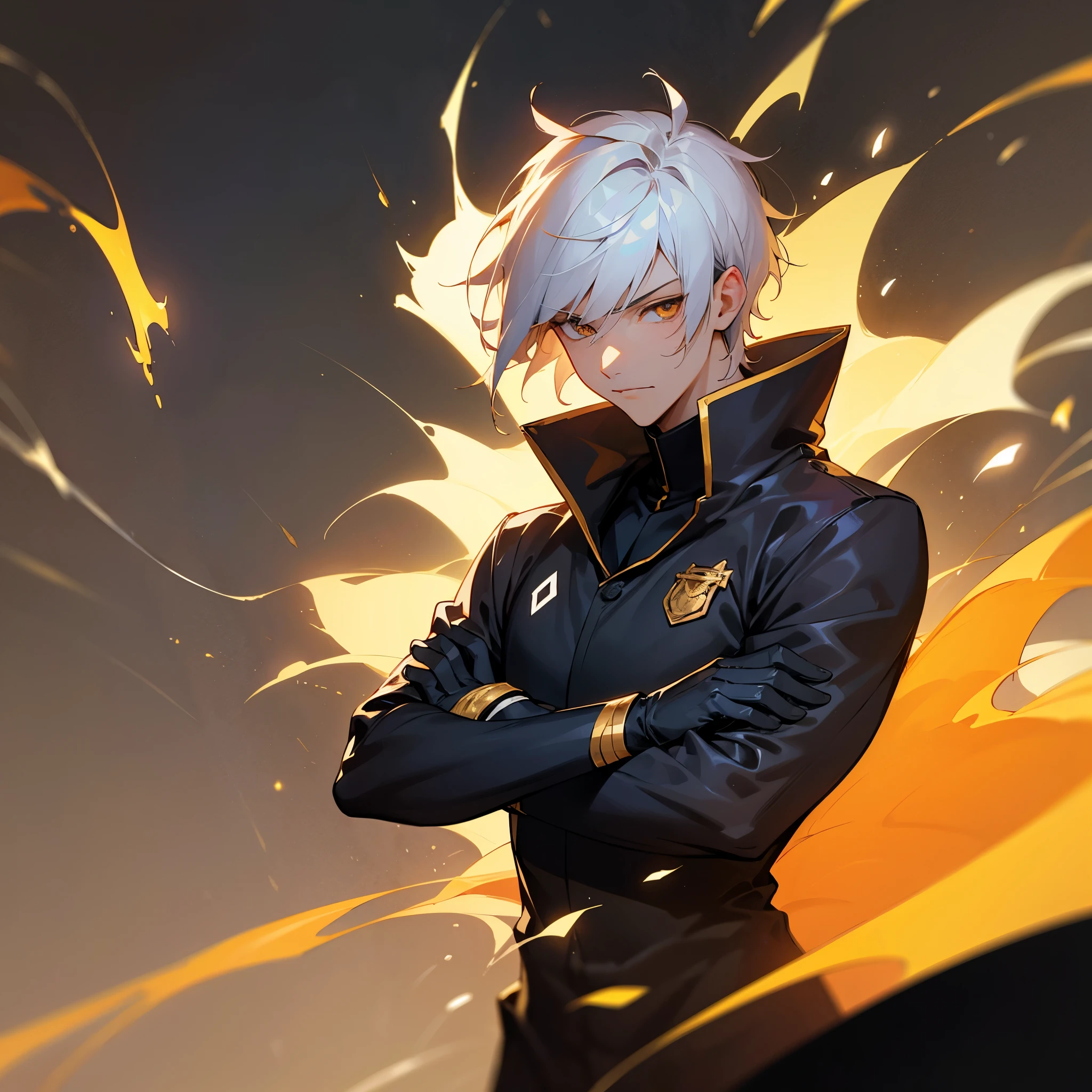 Anime male, teenager, handsome, fair-skinned, resolute eyes, white hair, short hair, deep golden eyes, powerful, black suit with black gloves, golden clothes, royal style, flame, crossed arms, dark background