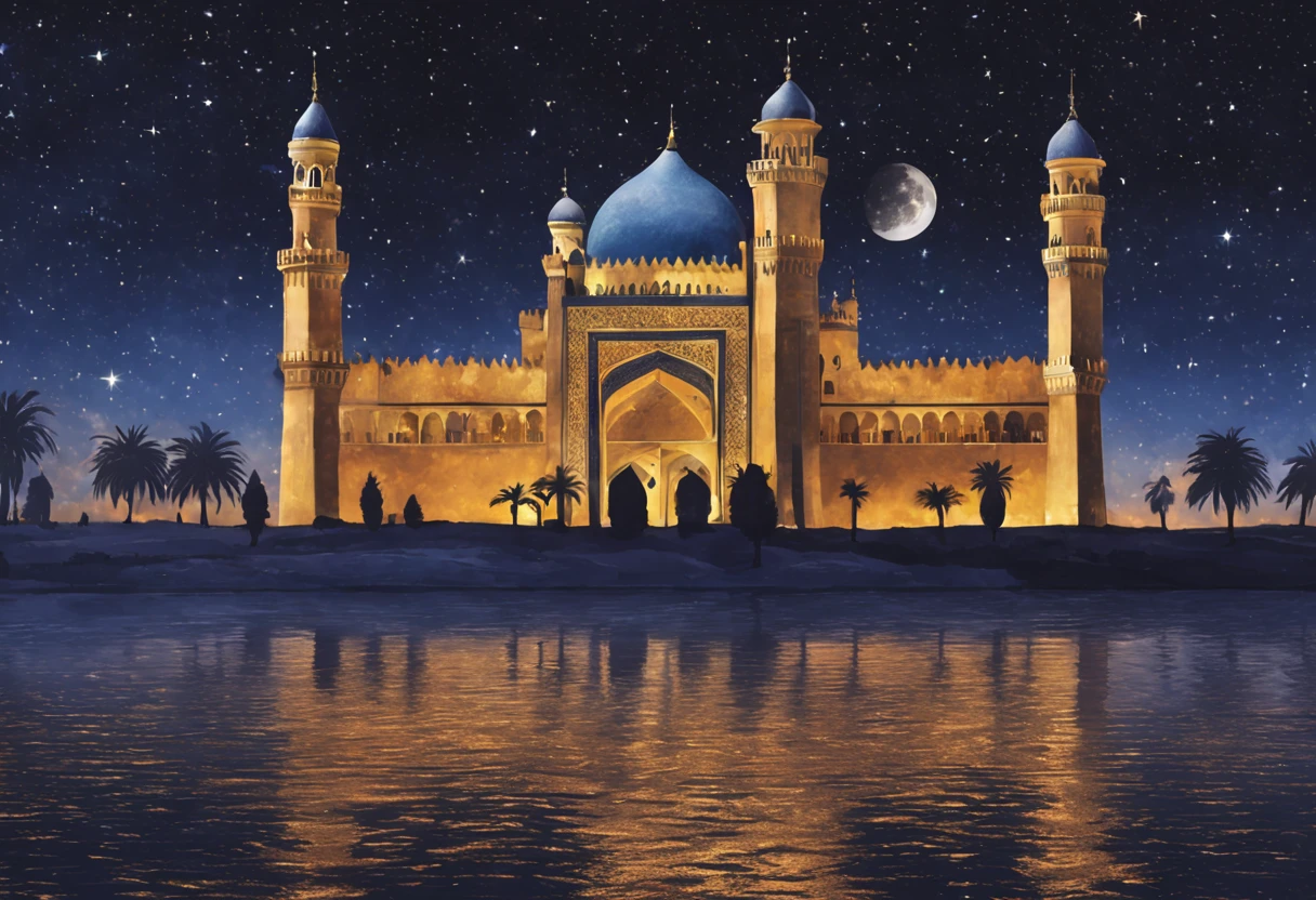 Alladdin's Palace at night starry sky books flying