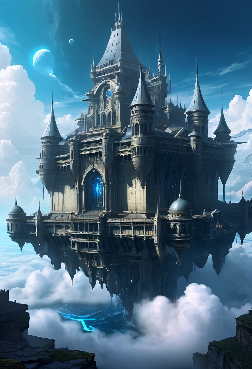 Above the clouds，Interstellar voyage，Huge high-tech floating medieval ancient palace，Above the clouds，Huge mobile medieval ancient palace，Floating ancient medieval palace，(sea of clouds:1.3)，Futuristic alien warrior futuristic floating medieval ancient palace and futuristic futuristic floating medieval ancient palace background, Inspired by Marek Ocon, Beautiful sci-fi art, science fiction digital art插画, Digital Cyberpunk Art, science fiction digital painting, futuristic digital painting, futuristic concept art, Sci-fi floating medieval palace landscape ahead, science fiction digital art, 先进的Digital Cyberpunk Art, Amazing cyberpunk alien warriors