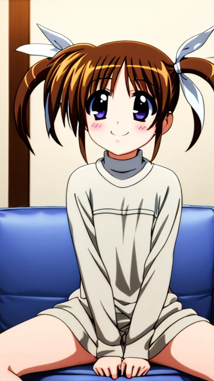 takamachi nanoha, 1 girl, smile, twin tails, white ribbon,Completely naked,, Nakedで見上げる, lure,spread legs,masturbate,Naked
