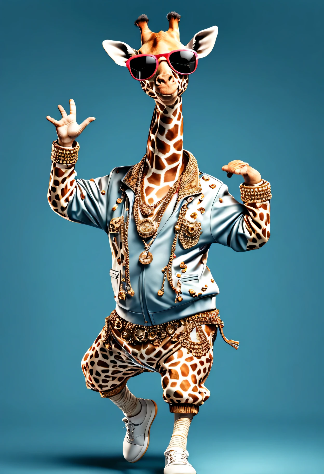 photorealistic portrait of Dressed animals - a fat giraffe hip hop dancer,(hip hop dancing dynamic action pose), high quality,(lovely) ,intricate details, highly detailed ((hip hop fashion)) ,highly detailed decorations, wearing sunglasses, (happy), studio lighting,(full body image:1.5)