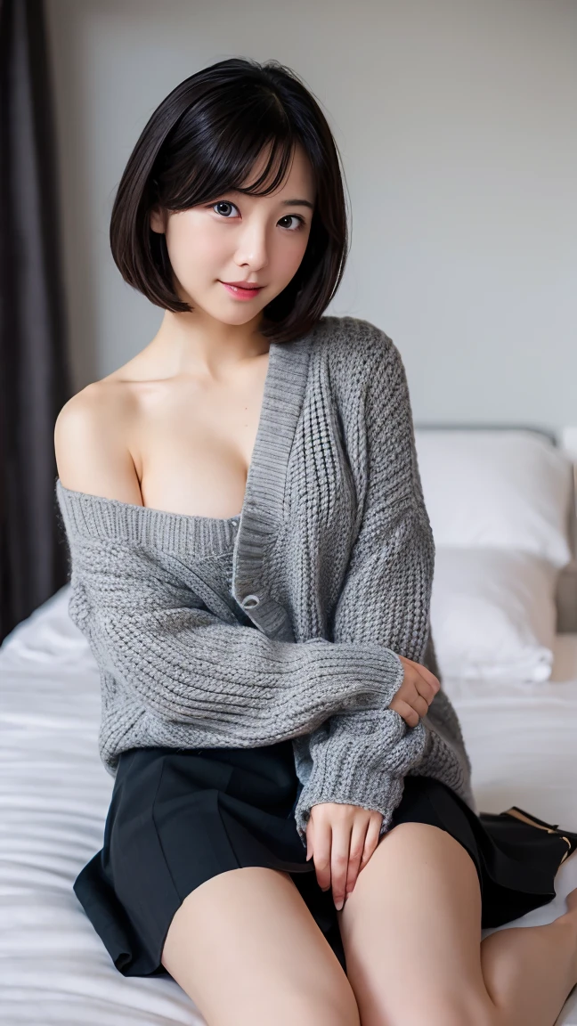 one woman,black mini skirt,panties,white sweater with open chest,boobs,spread legs,boobs,cute face,bob hair,black hair,from below,on the bed,(((spread legs))),japanese