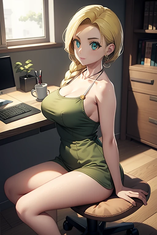 Bianca \(dragon quest\), bianca, dragon quest, (masterpiece, best quality, 4k, photorealistic, cinematic, ultra-detailed), wide shot, full body, perfect anatomy, curvaceous body, perfect eyes, perfect hands, large chest, long round legs, 1 girl, blonde hair, sitting in an office chair, ivory silk camisole top, olive green cropped trousers, tan strappy heels, effortless half-up half-down hairstyle, delicate layered necklace