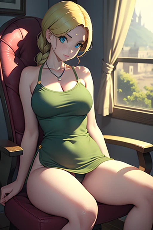 Bianca \(dragon quest\), bianca, dragon quest, (masterpiece, best quality, 4k, photorealistic, cinematic, ultra-detailed), wide shot, full body, perfect anatomy, curvaceous body, perfect eyes, perfect hands, large chest, long round legs, 1 girl, blonde hair, sitting in an office chair, ivory silk camisole top, olive green cropped trousers, tan strappy heels, effortless half-up half-down hairstyle, delicate layered necklace