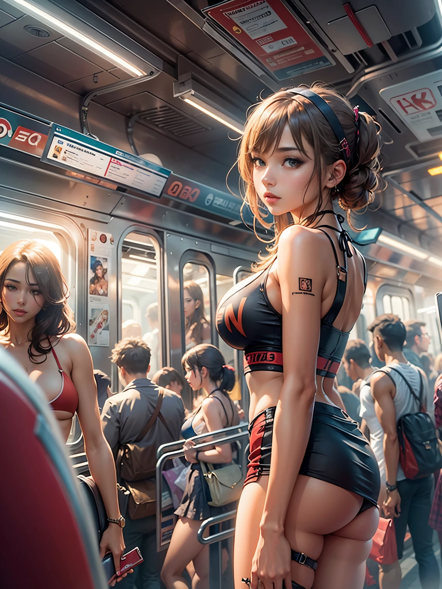 Masterpiece, art, young beautiful woman, flawless skin, smooth skin, very large firm breasts, perfect proportions, bikini top, very short skirt, in a crowded subway, in the future, anime, sexy, erotic, UHD resolution, realistic detail, realistic reflections, realistic shadows, 3D,