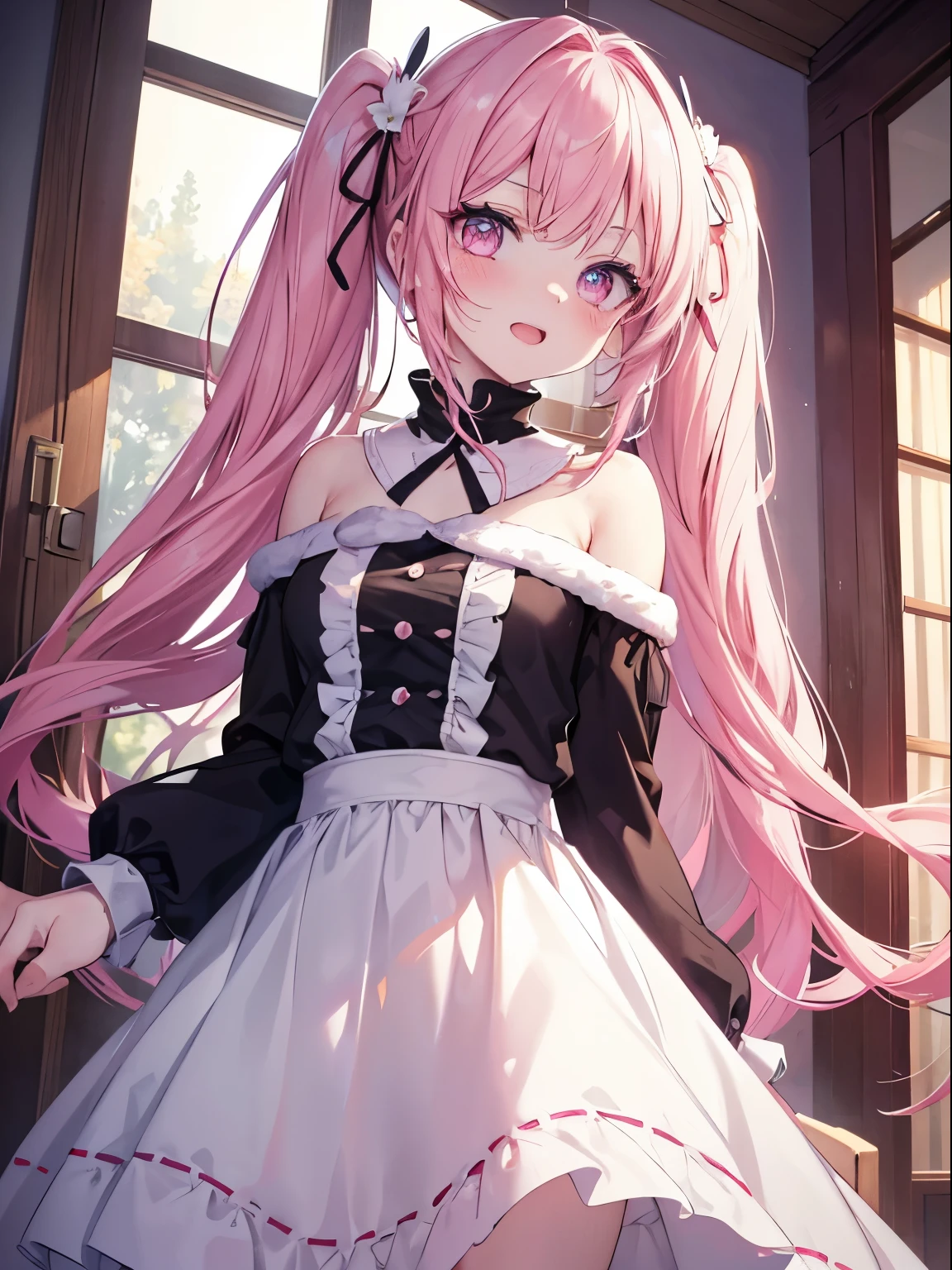 masutepiece, Highest Quality, (Perfect face:1.1), (high detailing:1.1), (ultradetailed eyes), Dramatic, superfine illustration, Extremely detailed,1girl in, (pale skin), Happy, Laugh, Enjoy, Cheerful,Open mouth, gloweyes,pinkhair, (long twintail),Ethereal eyes, pink eye,(light eyebrow),blush, Solo,Pouty lips,Cinematic lighting,Looking at Viewer,Cowboy Shot,from lower,Long sleeve,pink princess dress,indoor,in the morning, Sunny,Winter background