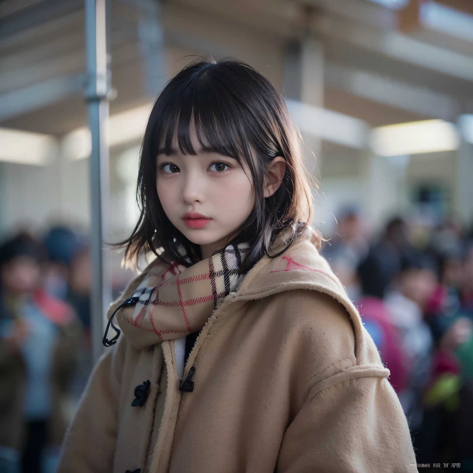 masterpiece、highest quality、super realistic、surreal、Ultra high definition、8k、Raw photo、textured skin、One Nogizaka girl,(16 years old,medium bob hair,bangs,black hair,floating hair,slim,small face,chest is small,thin waist,small ass,Are crying:1.5),(light fly duffel coat、burberry scarf:1.2)、terminal station platform、lean on a pillar、crowd(Natural light、strong sunlight、Moving the chart, film grain、full body shot、profile、profile、It's blurry、very long shot、letterbox、negative space、Sigma 85mm F/1.4)、finder