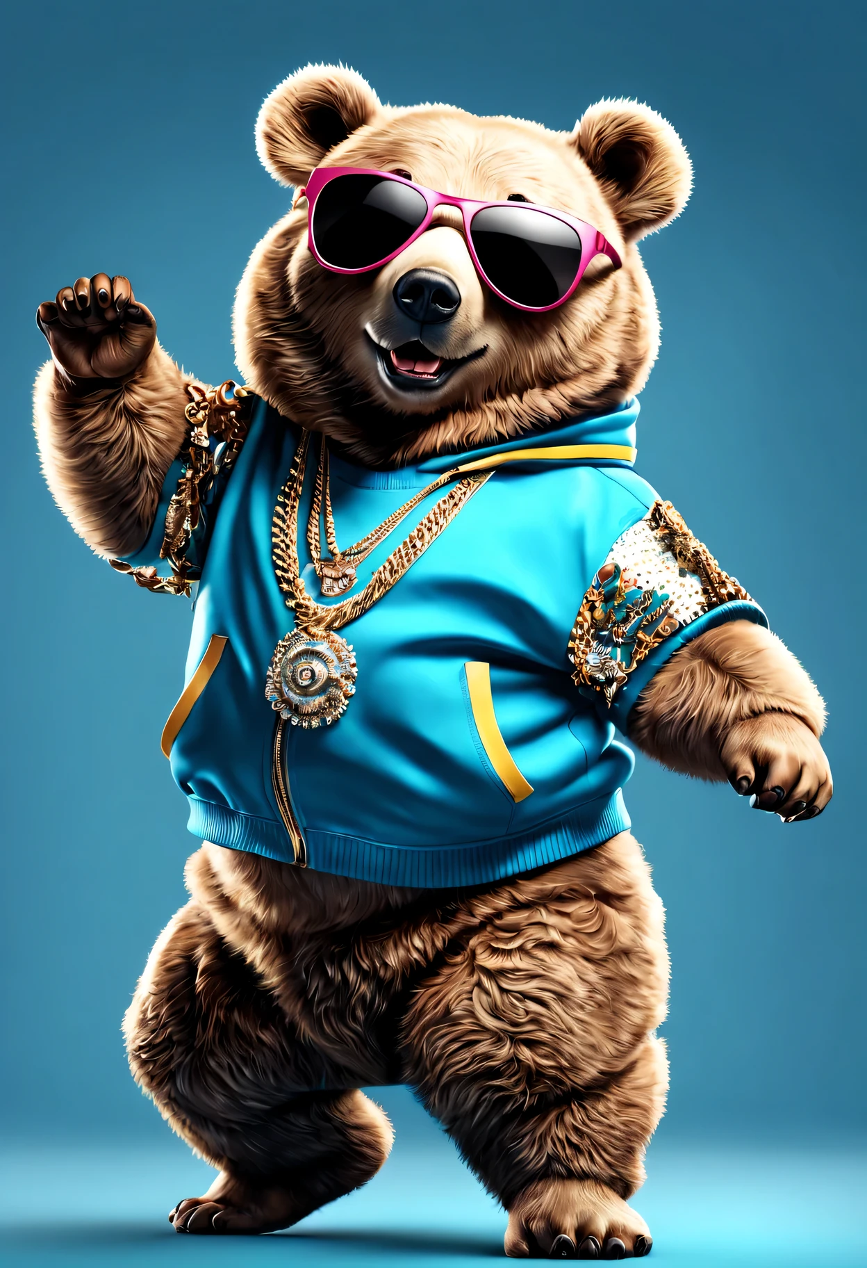 Just Dance,Wear a shirt、Wearing sunglasses、cartoon bear with crossed arms, Full body mascot, ( bear wearing sunglasses, dancing character, Created using Adobe Illustrator, Teddy Fresh, Orange body, Created using Adobe Illustrator, Cartoon shading:15, Official Art, Merge roles, an anthropomorphic deer, Official illustrations, Full body clothing, Low resolution, posture