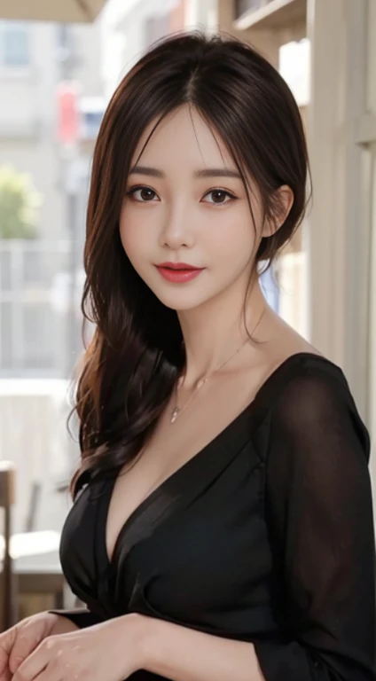 Wearing only one blue red shirt、(Deep cleavage:1.1)、small tits、top-quality、masterpiece、illustration、extremely delicate and beautiful、highly detailed、nsfw、Unity、8k wallpaper、astonishing、finely detail、Highly detailed ticker Unity 8K wallpapers、huge filesize、ighly detailed、hight resolution、Handsome detail woman、extremely detailed eye and face、Great detailed eyeacial light、 (Best Illustration:1.1)、(Best Shadow:1.1)、超A high resolution、(photoRealstic:1.1)、(photoRealstic:1.2:1.1)、Realistic facial proportions、A slender、A smile、(makeups:0.4)、(fluffy black eyes:1.21)、Black eyes、see the beholder、dark brown hair tied up、耳环、a necklace、hair pin、cowboy shot、(Irregular irregular skin defects、vein、Wrinkled pores on the skin:1.2)、(Restaurant background:1.2)、(bokeh dof:1.4)、Laughing、