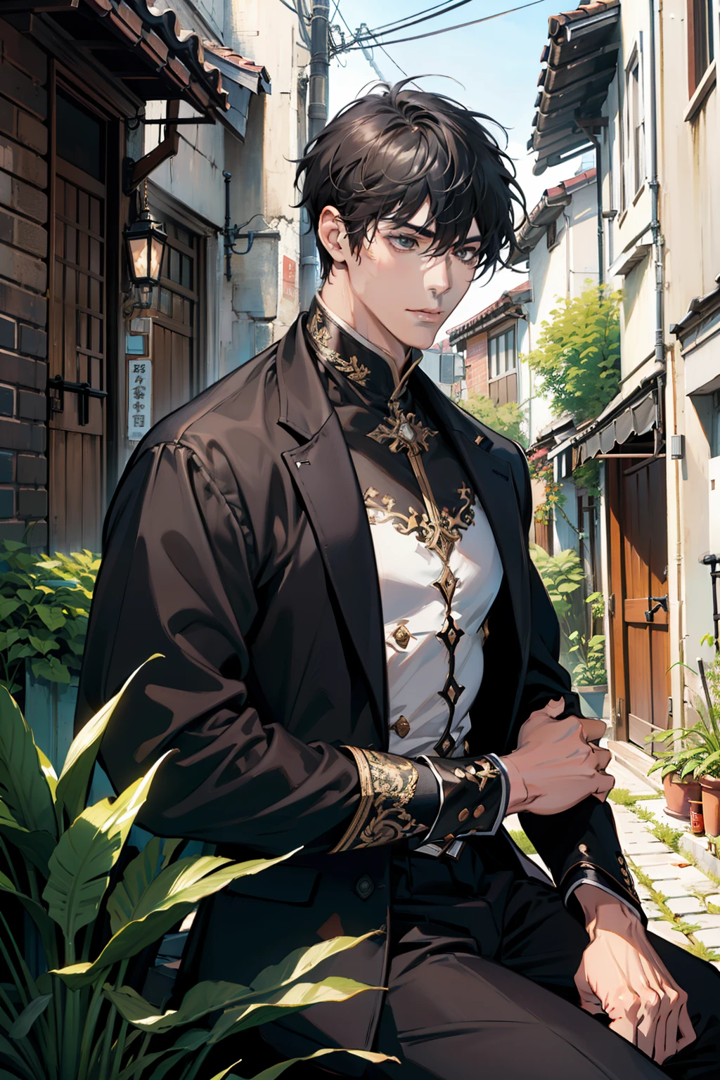 (disorganized, High resolution, super detailed), 1 male, good looking, Tall and muscular man, very short hair, Optimal ratio of 4 fingers and 1 thumb, Best light and shadow, background is back alley, Day光除去, sitting, A small cat is gathered next to him, まだらのDay光, Day, Depth of the bounds written, plant, summer, (dutch angle), closed mouth