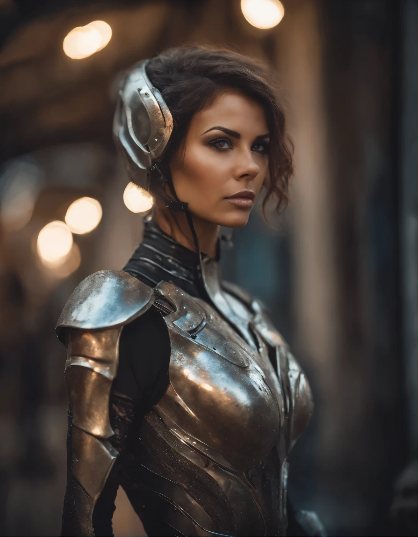 Medium photo of a sexy cyborg woman in scratched and tarnished futuristic armor in a ruined futuristic city, Fantasy, Science fiction, beautiful feminine face, seductive, sexual, Fog, Bright alluring eyes, dramatic, best quality masterpiece, photorealistic, Detailed, 8K, HDR, Shallow depth of field, cinematic lighting, blossom, the light sparkles, Chromatic aberration, Sharp Focus