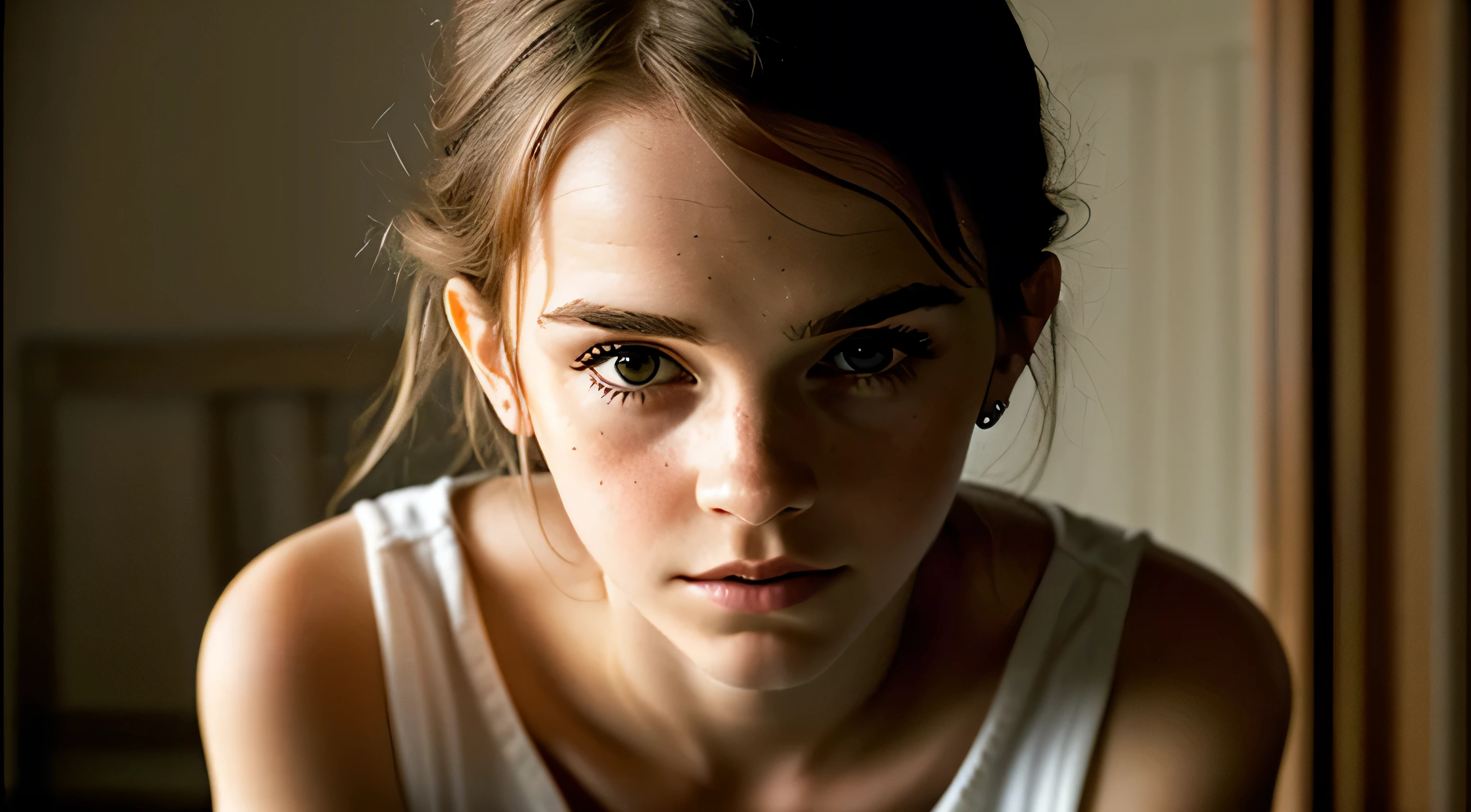 Create an extremely realistic image of a young Emma Watson. Make them look like they did in the movie “Prisoner of Azkaban”.. Lassen Sie sie nur ein durchsichtiges Oberteil tragen