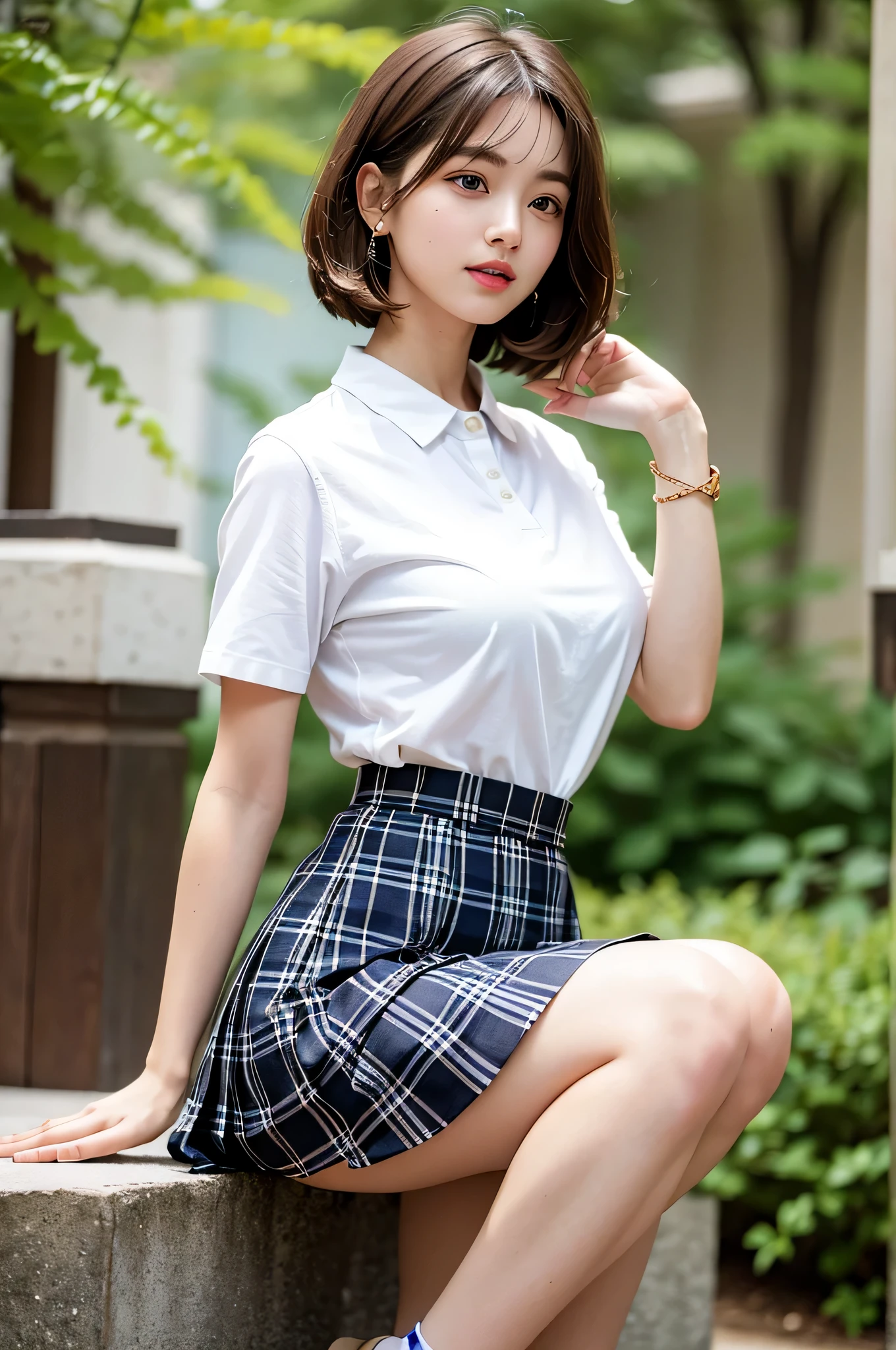 Short Bob Cut、18-year-old,Cute earrings、very cute、Ulzzang, (8k, RAW Photos, Highest quality, masterpiece: 1.2), (Realistic, photo-Realistic: 1.37), Very detailed, 1 girl, cute, alone, Beautifully detailed skies, Detailed Coffee, Light blue wall、Sitting, Date, (My nose turned red), (smile: 1.1), (Mouth closed), Medium chest, Beautiful attention to detail, (A short-sleeved shirt with a collar and an open front: 1.1), sexy、Pleated skirt,((Symmetrical eyes))、sexy、I can see your thighs、sexy