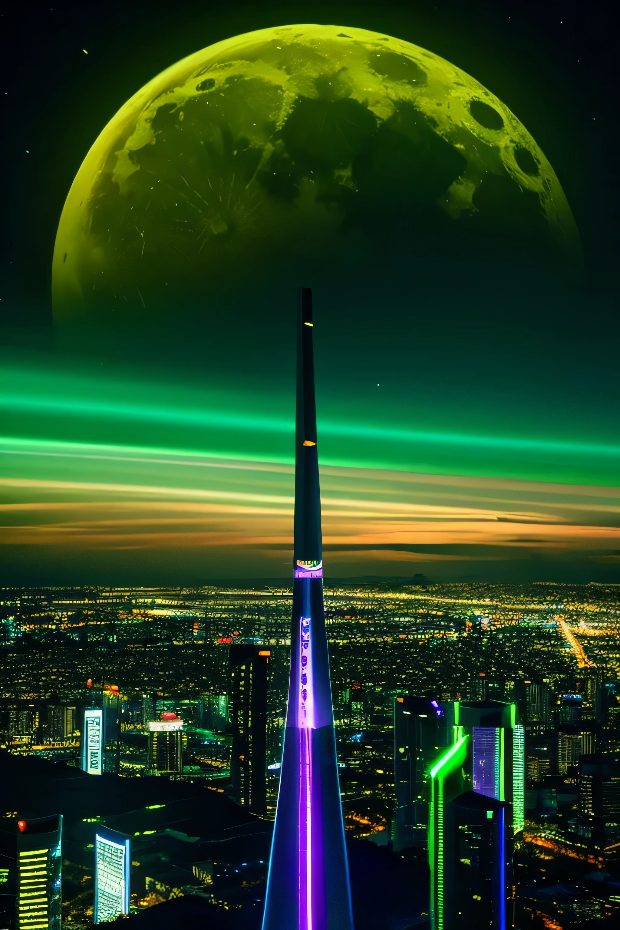 Cyber City、moon、green、neon、Landscape only