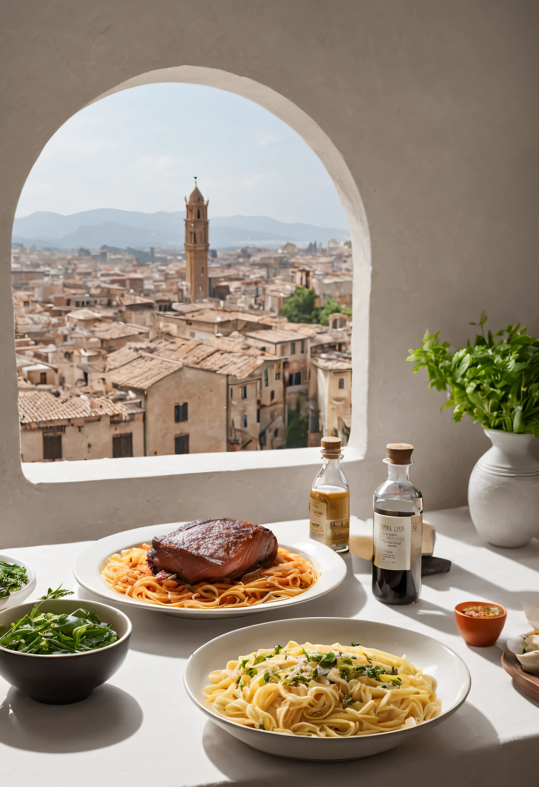 Warm colors,Off-white background,Front view desktop,Tablecloth sagging,rice tablecloth,Close up of table,Steaks on the table、pasta、salad、Thyme、Basil powder,Black pepper seasoning bottles and other foods,sunlight through window,The desktop has mottled light and shadow,牛排和pasta上有香料粉,The black pepper bottle is in the middle of the picture,Off-white wall behind the desk,white arched window,In the window is the architectural scenery of Sienna,There is sky,4K HD,food real,high resolution