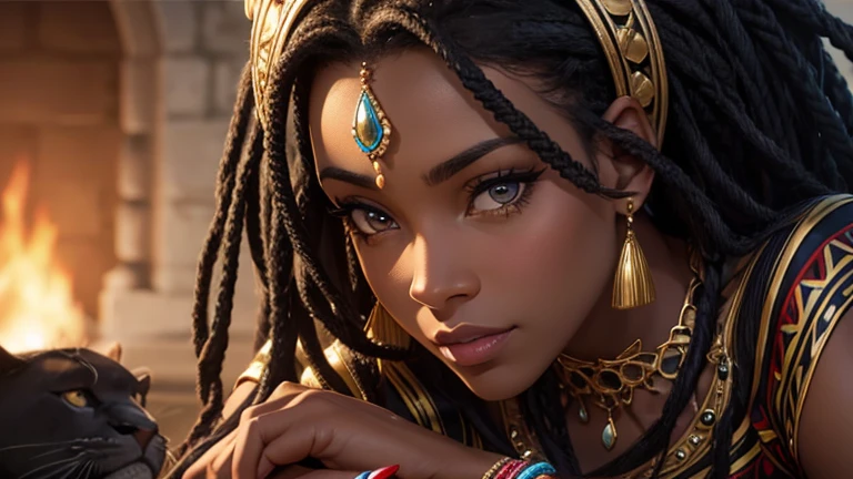 ((best quality)), ((masterpiece)), (detailed), (close up), (headshot), dark skin, perfect face beautiful African woman with beaded dreads, snuggling a panther, with Panthers, surrounded by Panthers, HDR, 4K, 3D