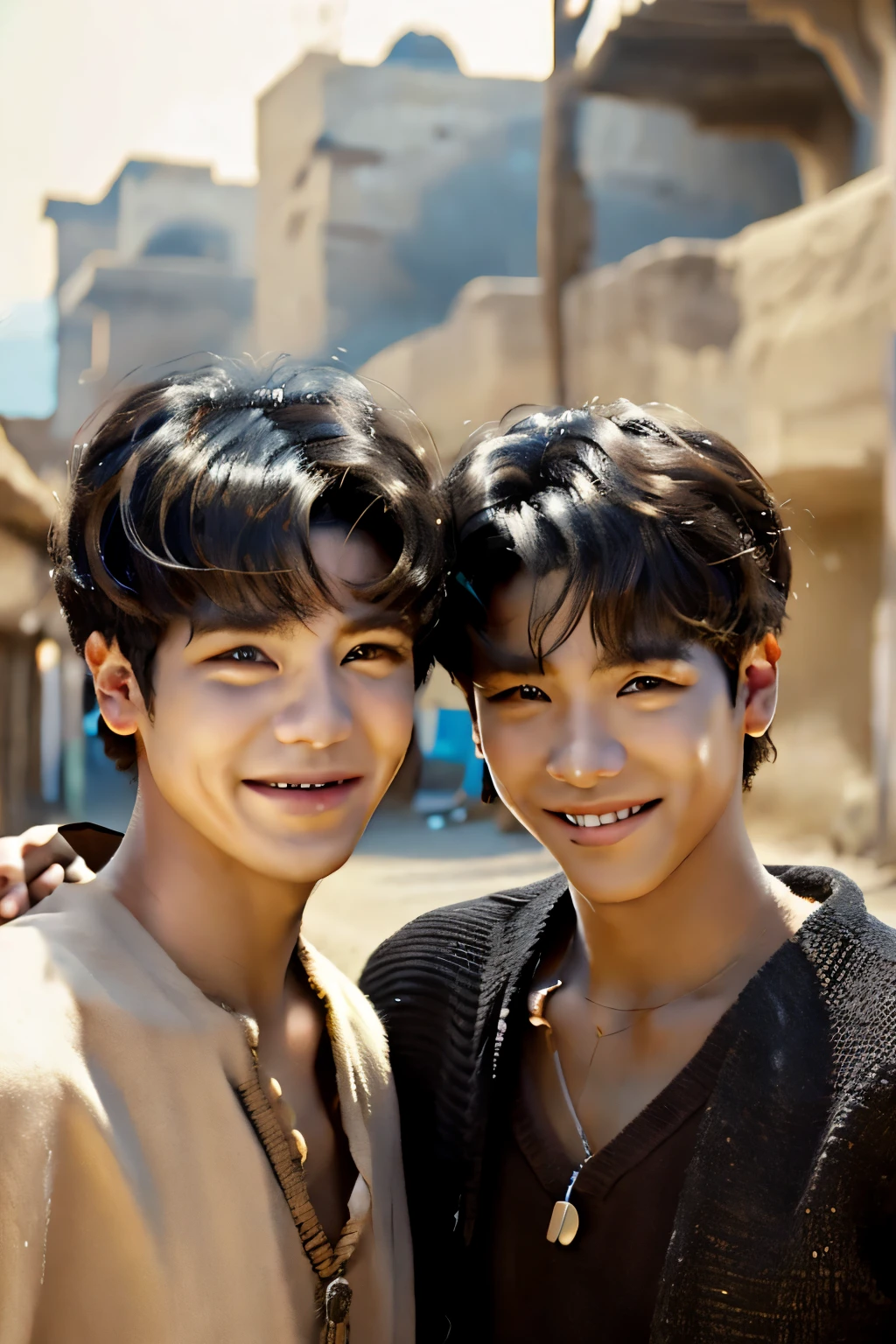 Two 15-year-old male brothers walk smiling through the streets of ancient Sumeria, visten trajes tribales antiguos