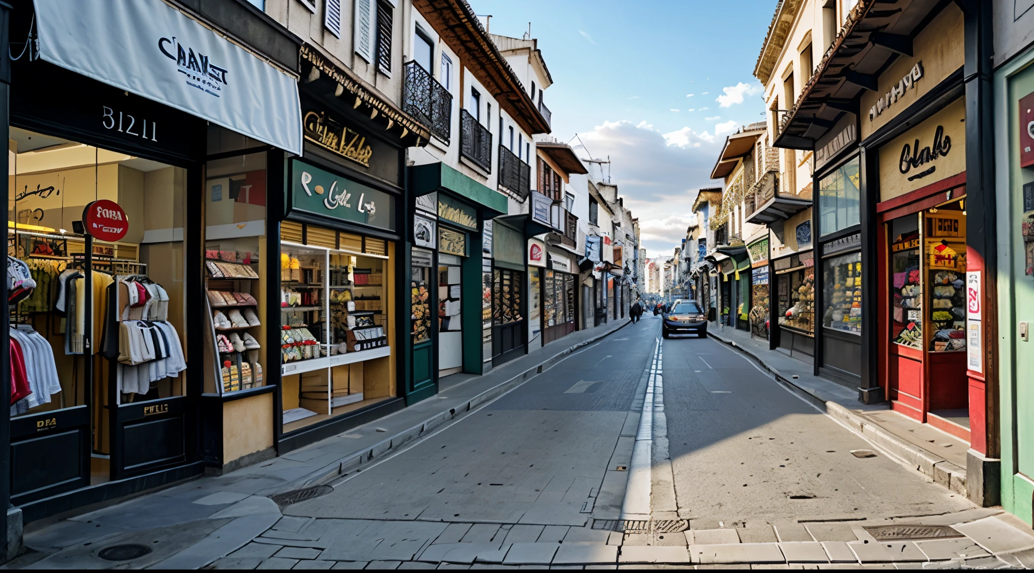 panoramic of a city from the street, tiendas, un puesto de revistas, la calle solitaria.