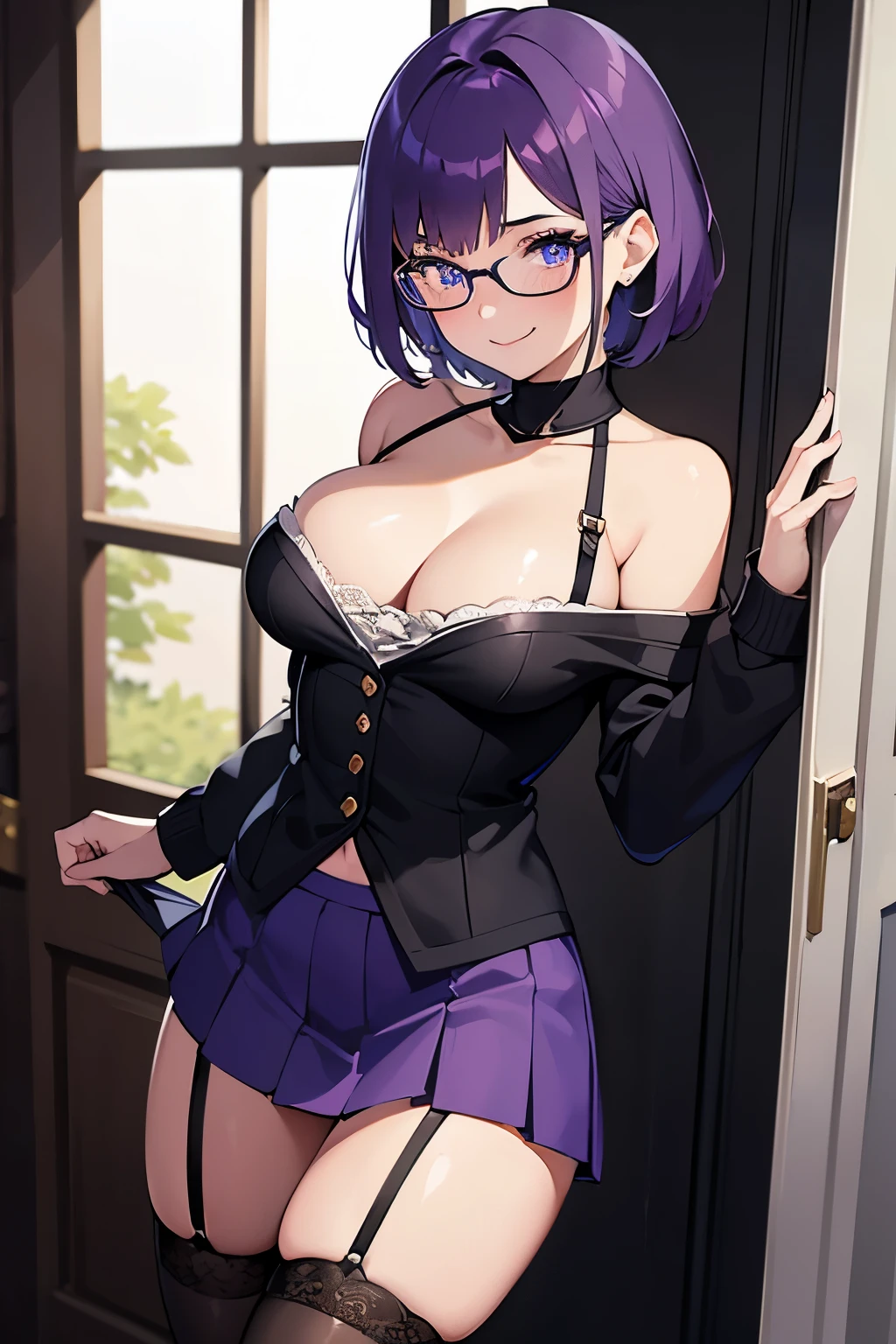 beautiful age girl, medium breasts, cleavage, thin body, very short hair, purple hair, blue eyereckles 1.5)), seductive, smiling, blushing, off shoulder sweater, micro pleated skirt, thigh high socks, garter straps, schoolgirl shoes, thin frame eyeglasses, detailed background, light rays, castle interior, Hogwarts, Hufflepuff student