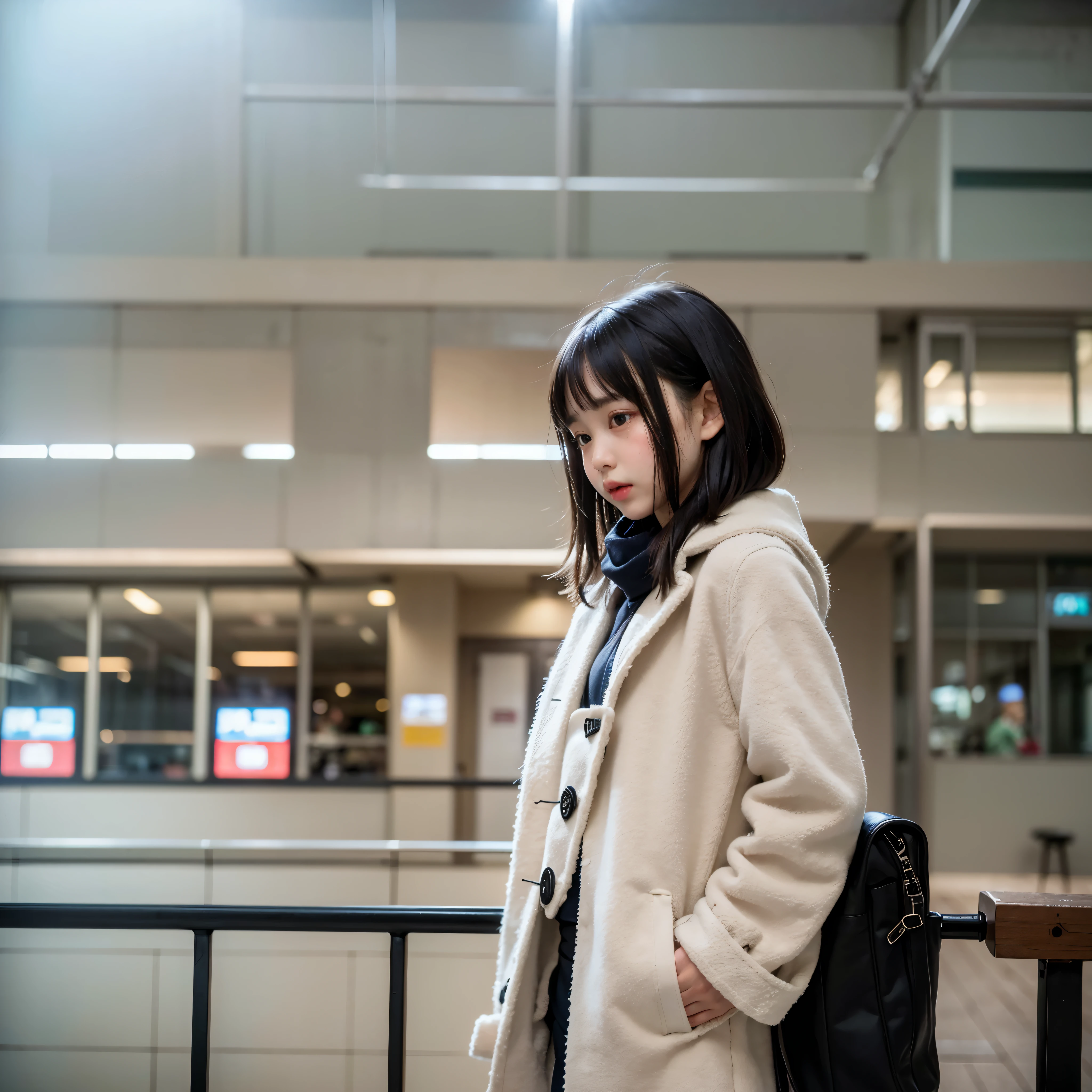 masterpiece、highest quality、super realistic、surreal、Ultra high definition、8k、Raw photo、textured skin、One Nogizaka girl,(,medium bob hair,bangs,black hair,floating hair,slim,small face,chest is small,thin waist,small ass,Are crying:1.5),(light fly duffel coat、scarf:1.2)、terminal station platform、lean on a pillar、crowd(Natural light、strong sunlight、Moving the chart, film grain、full body shot、profile、profile、It&#39;s blurry、very long shot、letterbox、negative space、Sigma 85mm F/1.4)、finder