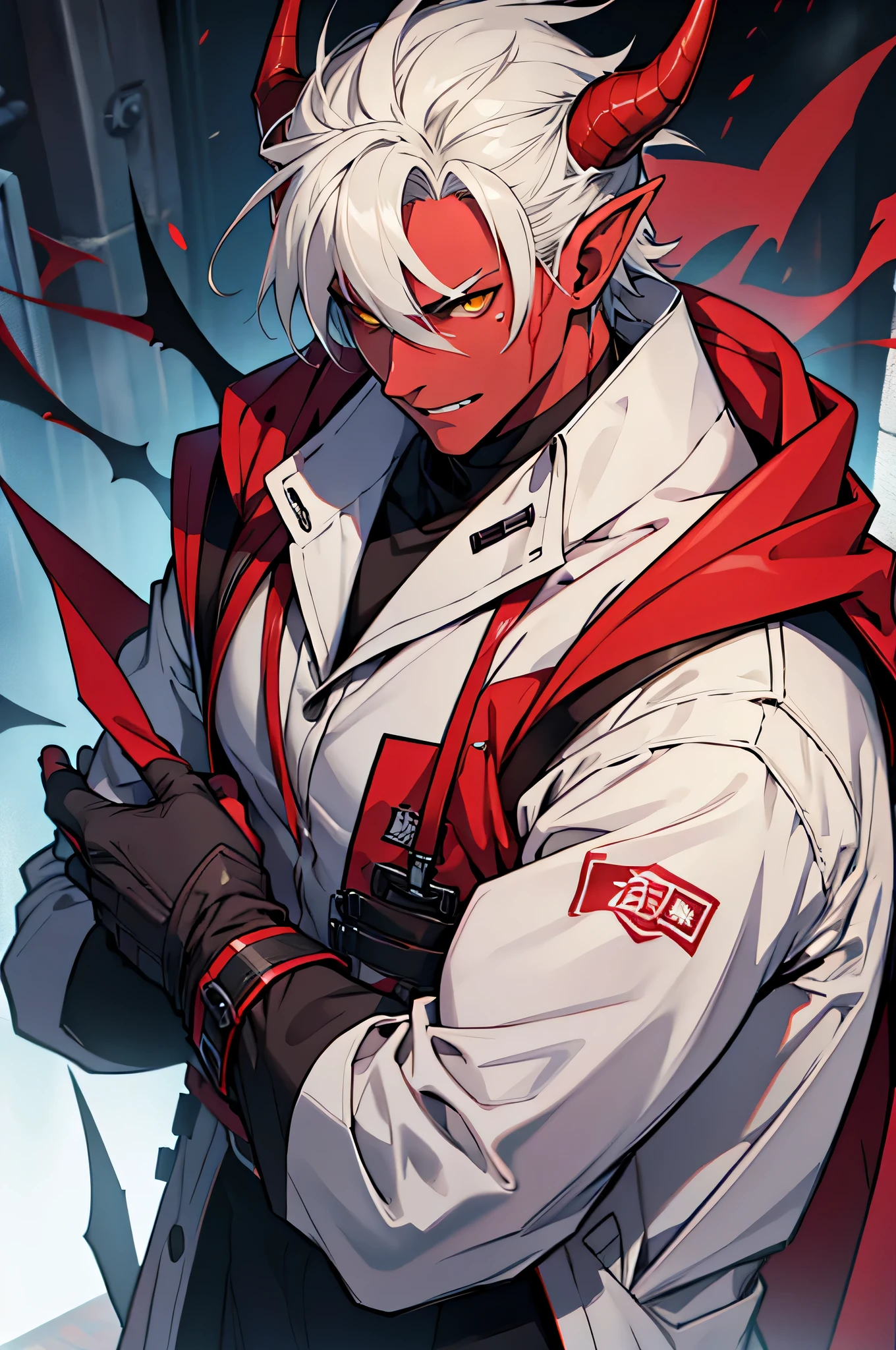 gray skinned man, demon, A demon with horns and curly hair growing on its forehead, Red skin, yellow eyes, tiefling, demon's tail.