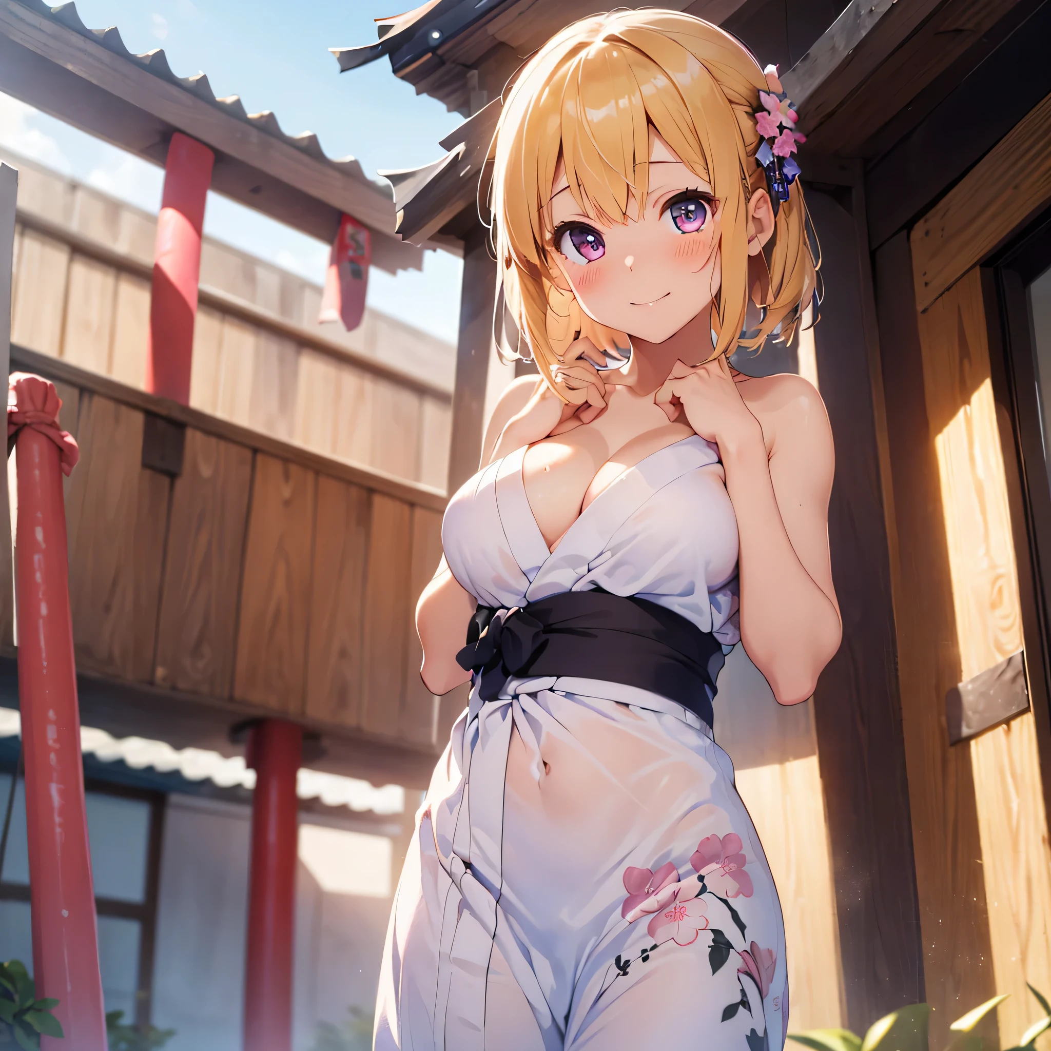 (masterpiece:2.0), (highest quality:2.0), (getting naked at a shrine:1.5), (pink berry short yukata:1.5), (Super Sexy Pose:1.5), (look up from below:1.5), (Perfect exposed shoulders:1.5), (Perfect exposed nape:1.5), (blushing face:1.5), (cover your crotch with your hands:1.5), (cover your chest with your hands:1.5), (spill:1.5), (realistic:1.5), You can see on the side, 1 , precision small hands, embarrassed look, light smile, A surprised face to see me, very cute girl, innocent face, young face, clear eyes, shining eyes, small breasts, I can see your shoulders, Tummy is visible, I can see the cleavage, Pubic hair does not grow, dynamic posing, beautiful skin, Super fine, highest resolution, Japan High School Student, golden hair