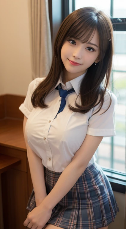 masutepiece, Best Quality, Illustration, Ultra-detailed, finely detail, hight resolution, 8K Wallpaper, Perfect dynamic composition, Beautiful detailed eyes, ribon tie, high school uniform, frilled Mini skirt, Very short bob hair, (gigantic breasts:1.3), Bold sexy poses, Smile, school, 18 years girl, (Cute1.3), Sexy shot looking at camera, sunset, by the window,