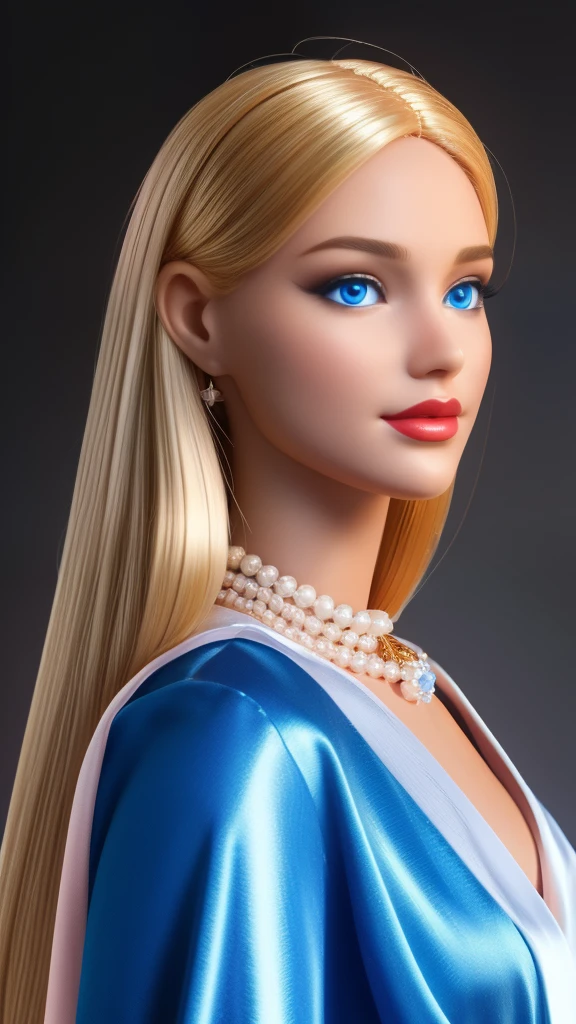 tall blond (Barbie) princess (doll) portrait, Delicate detailed face, animated, detailed white skin texture, long golden hair, adorable, Clean, wide smile, glowing blue eyes, blue colored pupil, (silky pink robe), luxurious tiara, gloss, fresh flowers, (landscape), (ocean), mountains, pine forest, centered golden frame, center, diamond necklaces, pearls, Disney style, high resolution, official art, unreal-engine, high dynamic range, OctaneRender, (render), cinema4d, sun ray, porcelaine, looking at viewer, makeup, red lips, depth of field, from below, close-up, masterpiece, 8K, best quality, anatomically correct