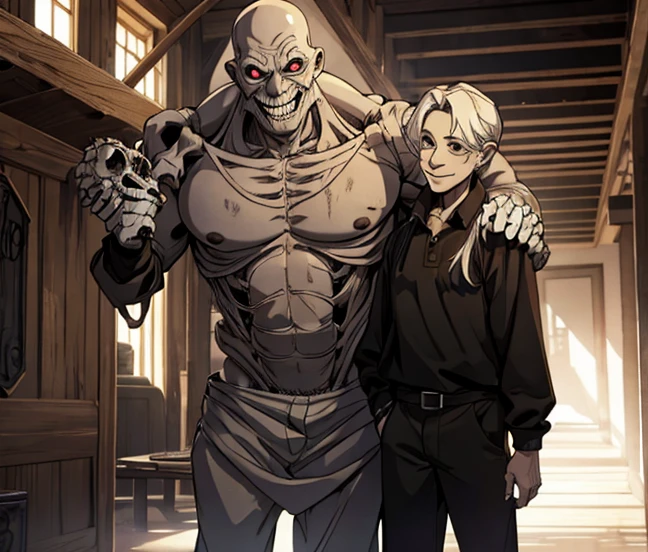 Male old, massive wrinkles, hollow eyes, creepy open smile, skin and bones, baggy pants.