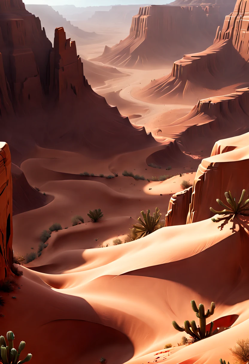 Desert Canyon, sculpture of ancient traveler on Canyon, enhance, intricate, (best quality, masterpiece, Representative work, official art, Professional, unity 8k wallpaper:1.3)