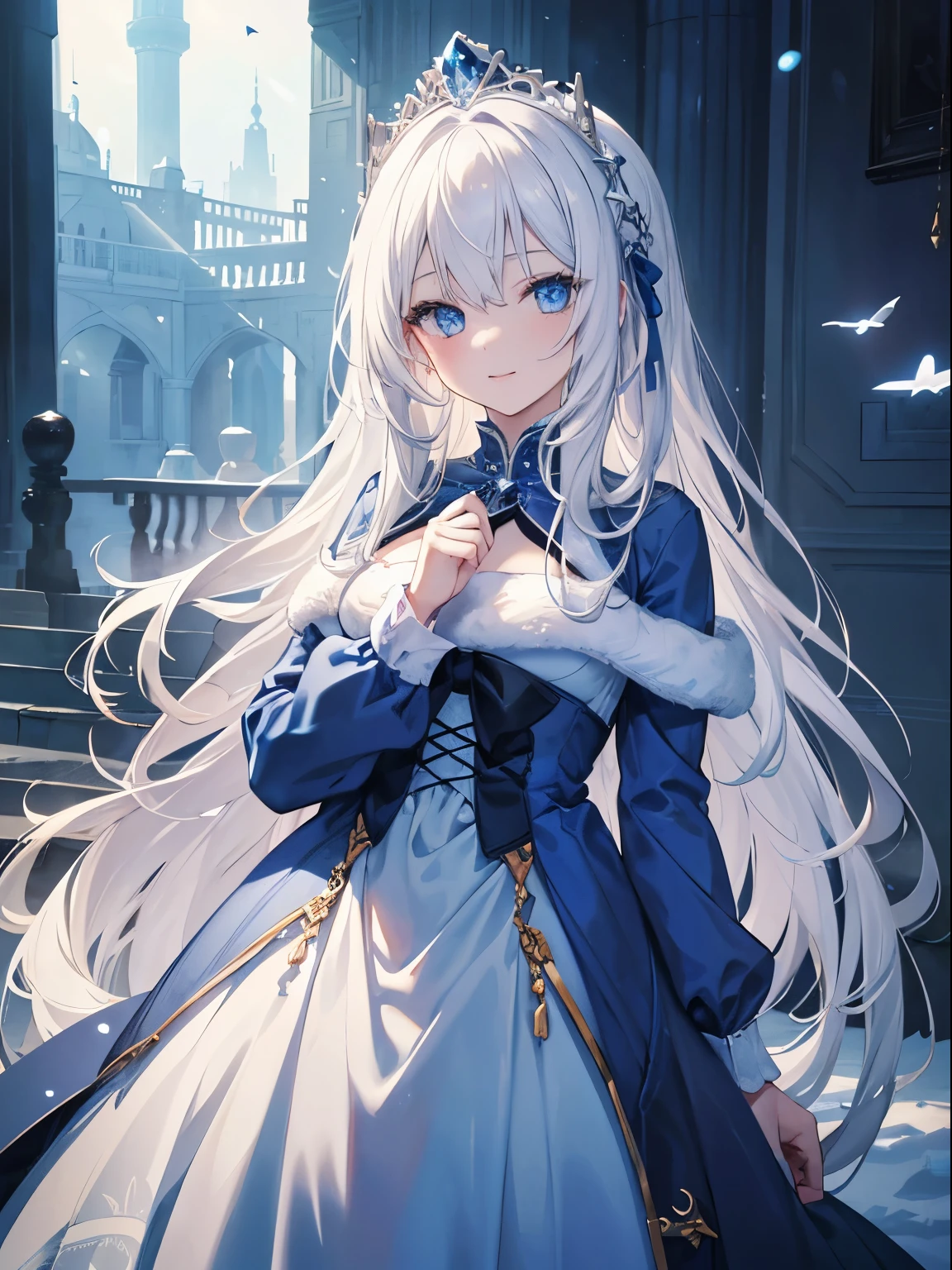 pieces fly, highest quality, (perfect face:1.1), (high detail:1.1), (highly detailed eyes), that&#39;dramatic, Ultra-fine illustration, very detailed, 1 girl, (white skin), long white hair, mysterious eyes, blue eyes,we say, (Thin eyebrows,alone,shy smile, Happy, laugh together, enjoy, plump lips,cinematic lighting, looking for audience,cowboy shot,long sleeve,blue princess dress, indoor,winter background