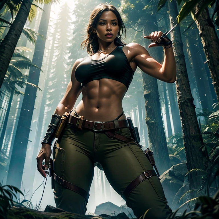 Lara Croft, Tomb Raider, Deusa da sensualidade, Corpo perfeito, Seios empinados e perfeitos, Beleza angelical, Corpo com curvas, pose , Corpo inteiro, Scenery and an Enchanted Forest, Hiper realista, Cores Fortes e vibrantes, shooting her guns, close shot from below