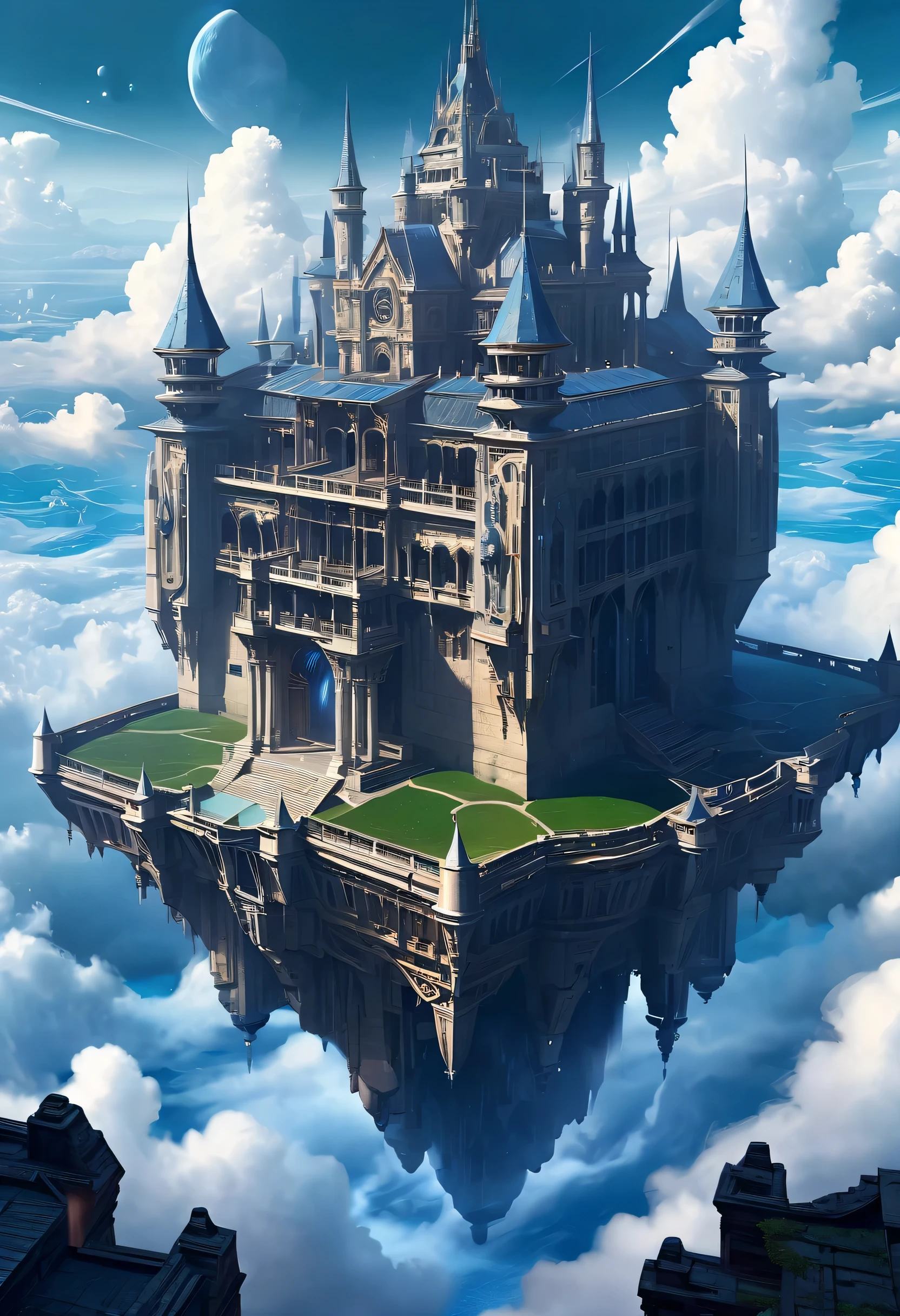Top angle of view,Look down from above,isometric art,Above the clouds,Interstellar voyage,Huge high-tech floating medieval ancient palace,Above the clouds,Huge mobile medieval ancient palace,Floating ancient medieval palace,(sea of clouds:1.3),Futuristic alien warrior futuristic floating medieval ancient palace and futuristic futuristic floating medieval ancient palace background, Inspired by Marek Ocon, Beautiful sci-fi art, science fiction digital art插画, Digital Cyberpunk Art, science fiction digital painting, futuristic digital painting, futuristic concept art, Sci-fi floating medieval palace landscape ahead, science fiction digital art, 先进的Digital Cyberpunk Art, Amazing cyberpunk alien warriors