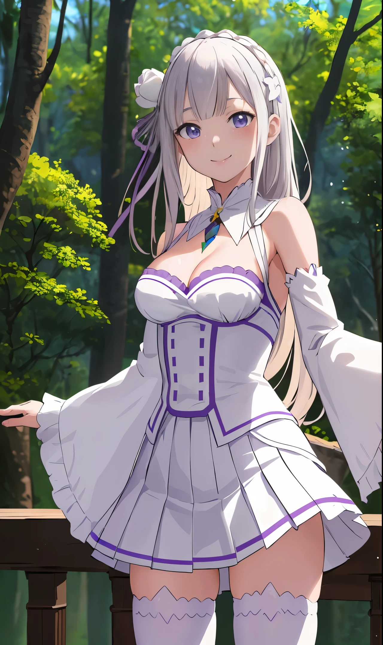 masterpiece:1.2, best quality, ((ultra detailed)), high resolution, 2d, anime style , photo, photography, detailed background ,1girl, solo, cowboy shot,smile, emilia,white dress,cleavage, pleated skirt, wide sleeves, white thighhighs, hair flower, purple ribbon, white skirt, (low-tied long hair), (forest)