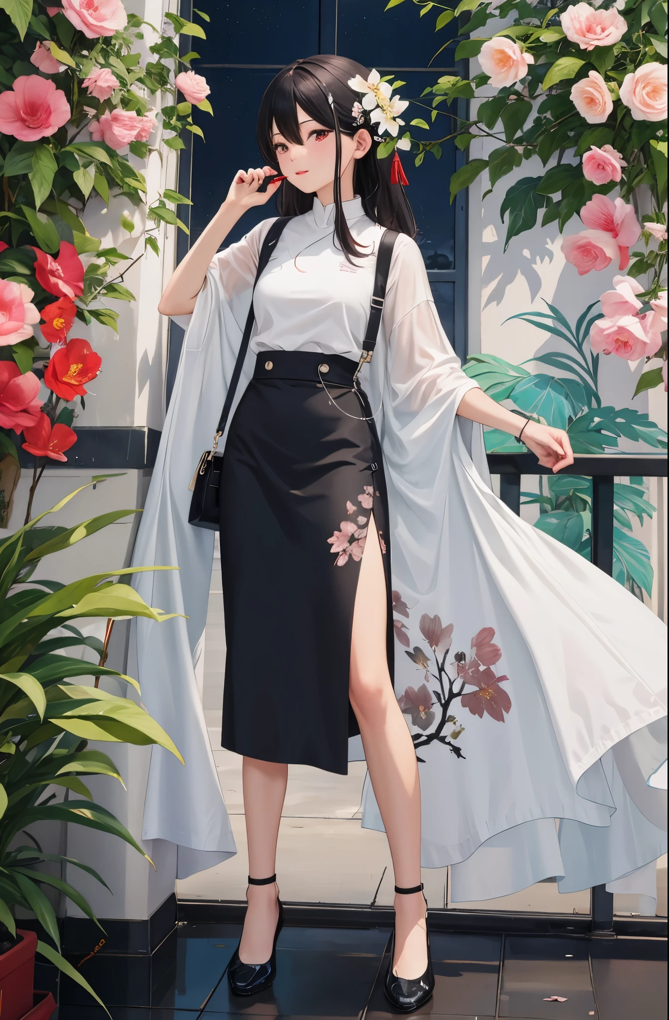 Eye color changed to dark red。Wear black sneakers。Change the skirt of the lower body to the color of the flower in the upper left corner，And has the pattern of crabapple flower，Written with the Chinese character &quot;棠&quot;