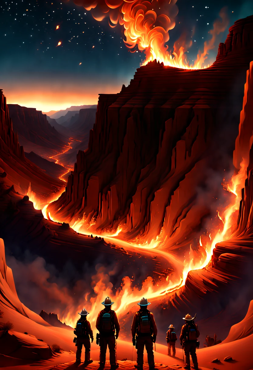 Desert Canyon, fire, people, night, sky, enhance, intricate, (best quality, masterpiece, Representative work, official art, Professional, unity 8k wallpaper:1.3)