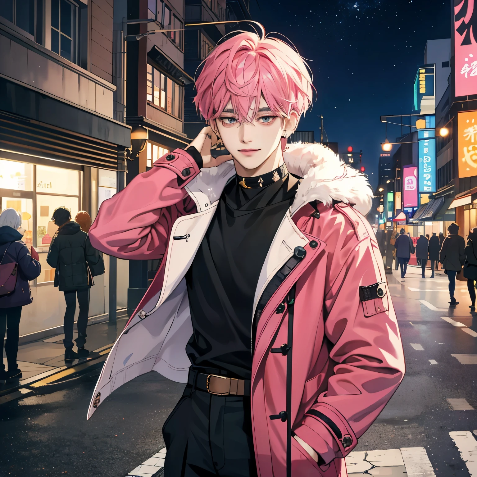 Guviz-style artwork, Made at Anime Painter Studio, anime realismスタイル, realistic anime art style, Drawn at Anime Painter Studio, Inspired by Kim Taehyung, In an anime style, anime handsome guy, Inspired by Kim Taehyung, anime realism、pink hair、A sloppy smile、choker、Multiple piercings、Man with short hair、Male one、Inspired by Kim Taehyung、Duffel coat、Scarf、cityscape、street light
