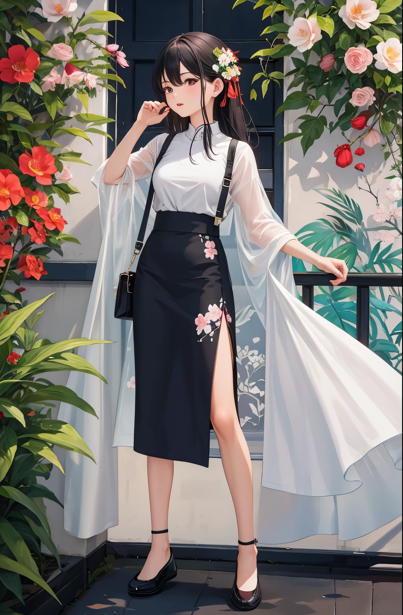 Eye color changed to dark red。Wear black sneakers。Change the skirt of the lower body to the color of the flower in the upper left corner，And has the pattern of crabapple flower，Written with the Chinese character &quot;棠&quot;